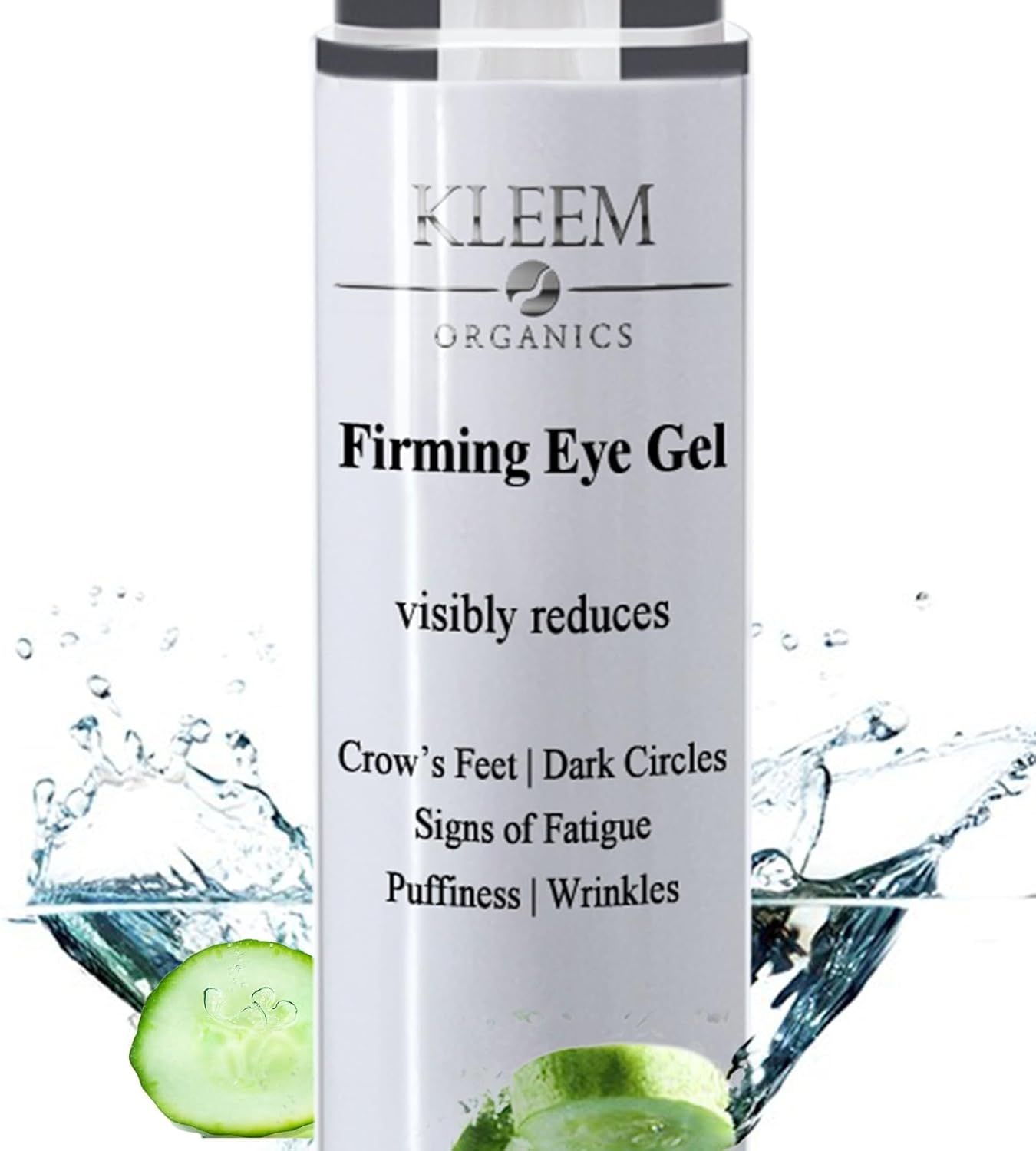Weißes Kleem Augengel mit Hyaluronsäure. Produktname und Inhaltsstoffe sind auf der Flasche aufgedruckt. Gurkenscheiben im Wasser.