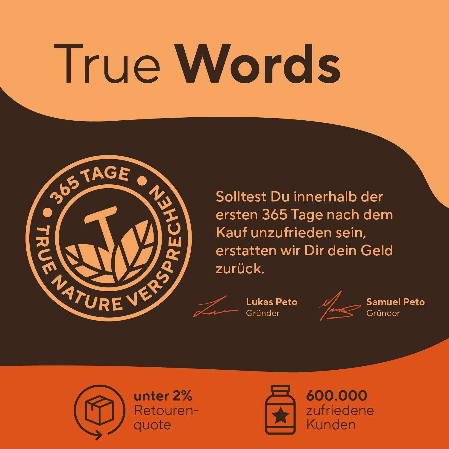 Logo mit Text: True Nature Versprechen. Text: 365 Tage, unter 2% Retourenquote, 600.000 zufriedene Kunden.