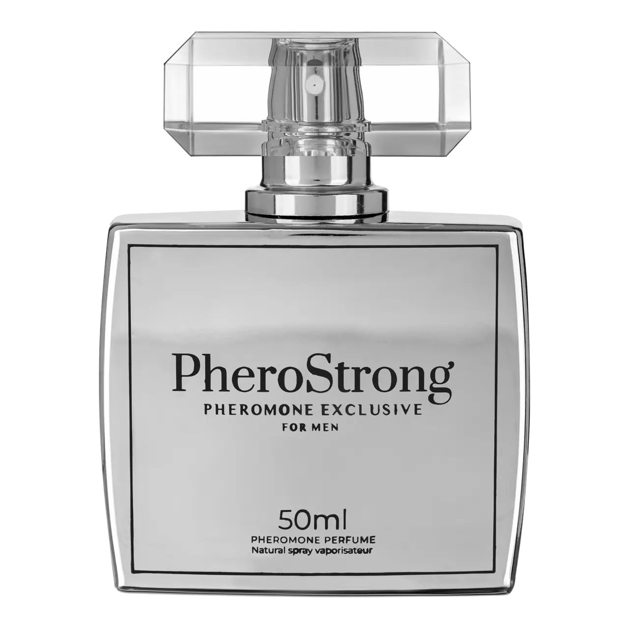 Silberfarbener Flakon mit Sprühkopf. Aufschrift: PheroStrong, Pheromone Exclusive für Männer, 50ml.