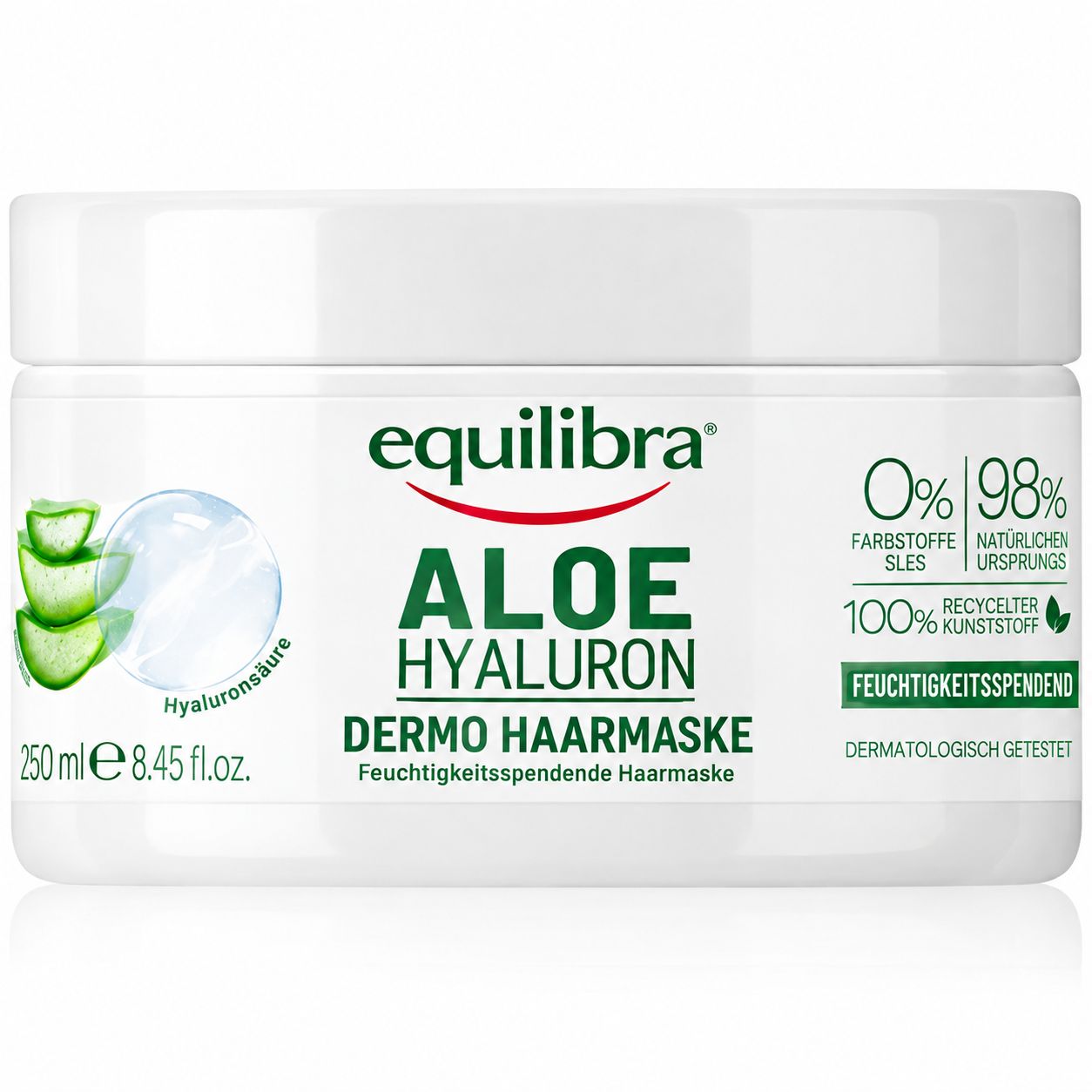 Weiße Dose, "equilibra ALOE HYALURON DERMO HAARMASKE" Aufschrift, 250ml.