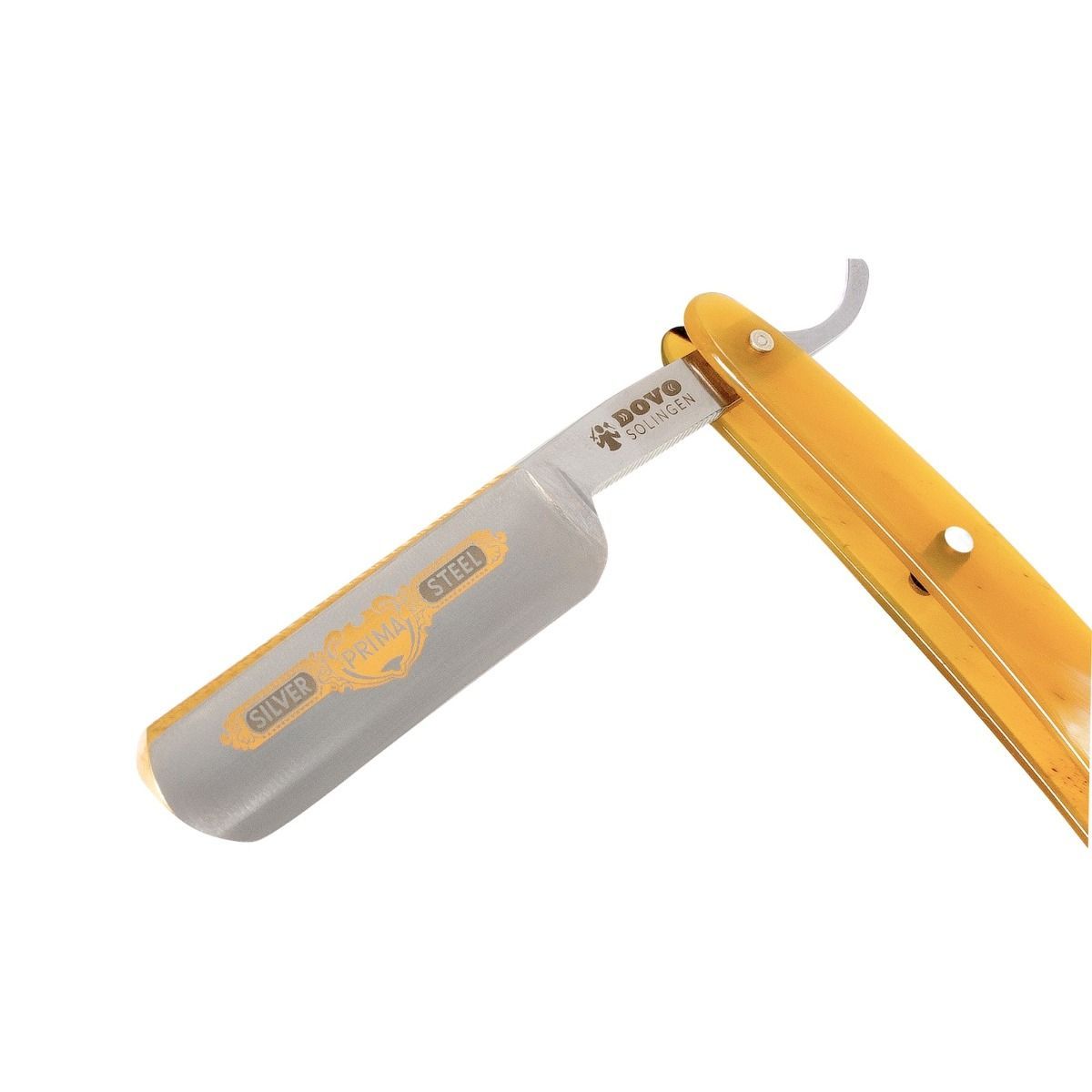 Rasierklinge mit gelbem Griff. Klinge mit "DOVO SOLINGEN" und "SILVER STEEL" Schriftzug. Geöffnet, diagonal von oben.