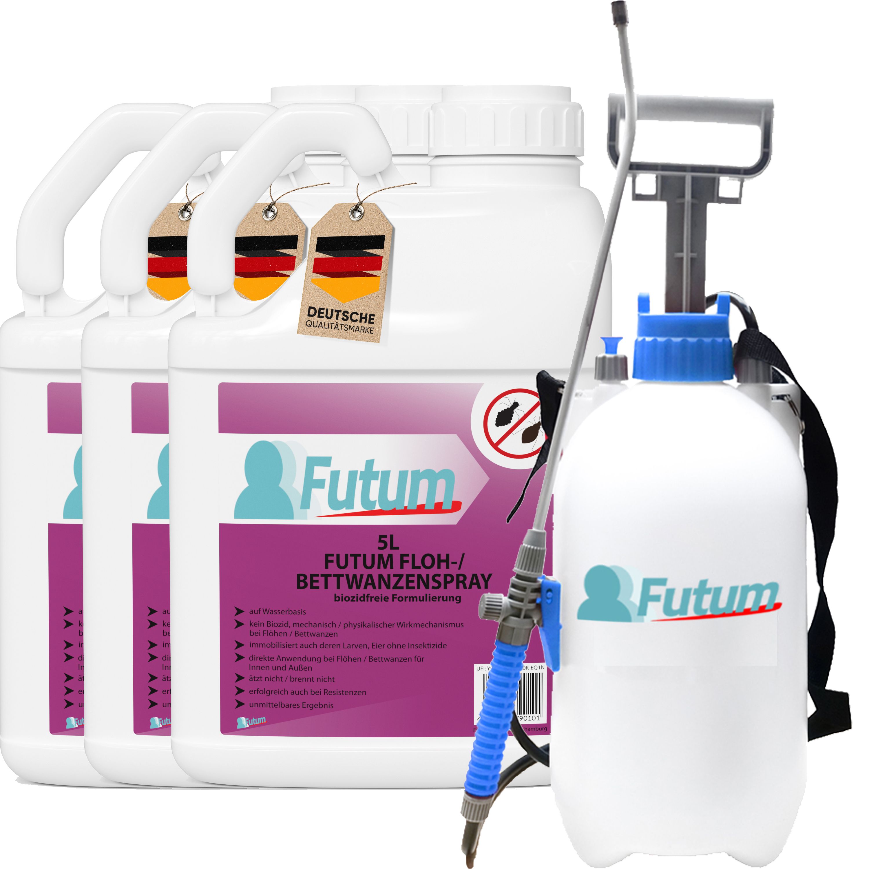FUTUM 3x5L Bettwanzen- / Flohspray + 5L Sprüher