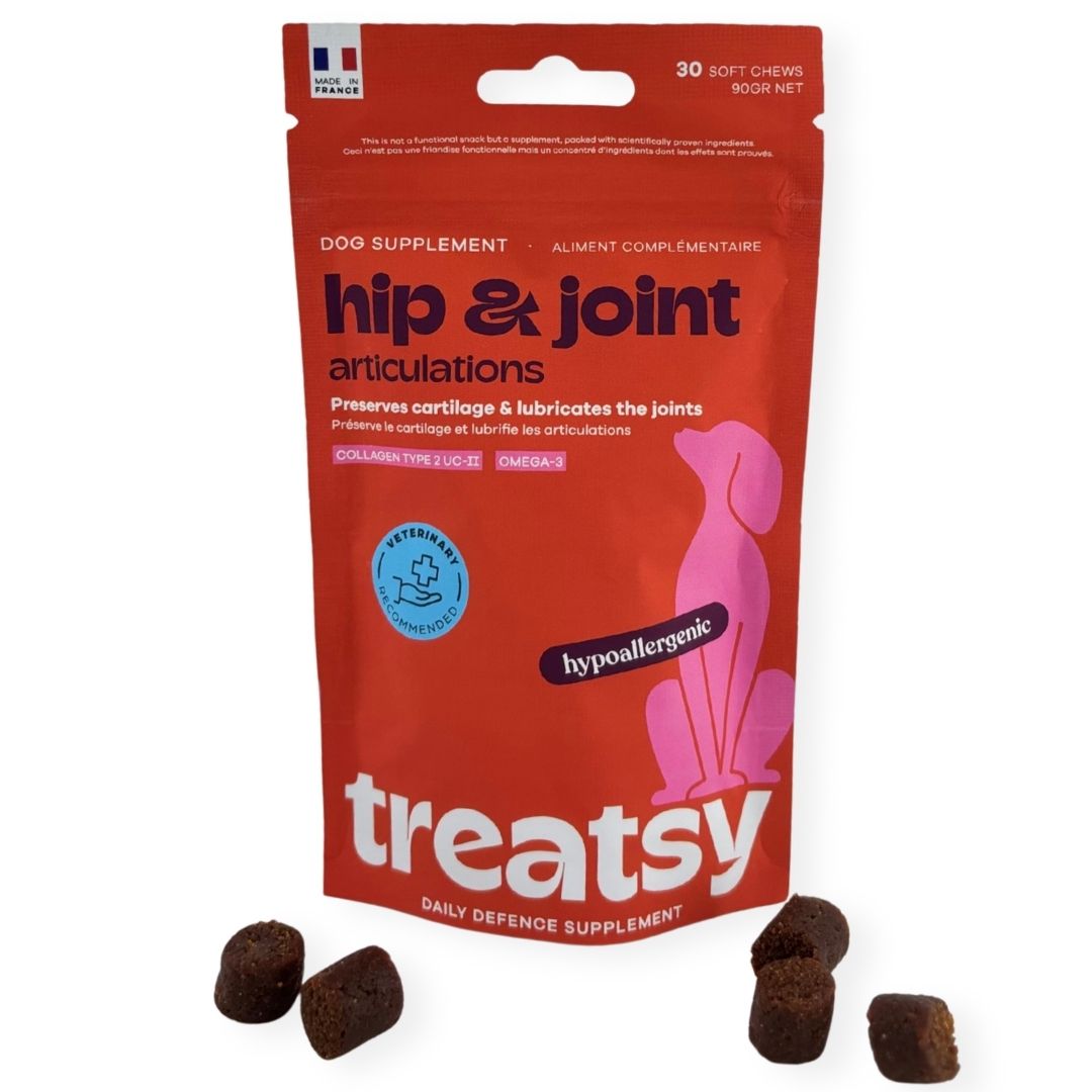 Rote Tüte mit „Hip & Joint“ für Hunde. Braune Kausnacks liegen daneben. „Hypoallergen“ und „Von Tierärzten empfohlen“.