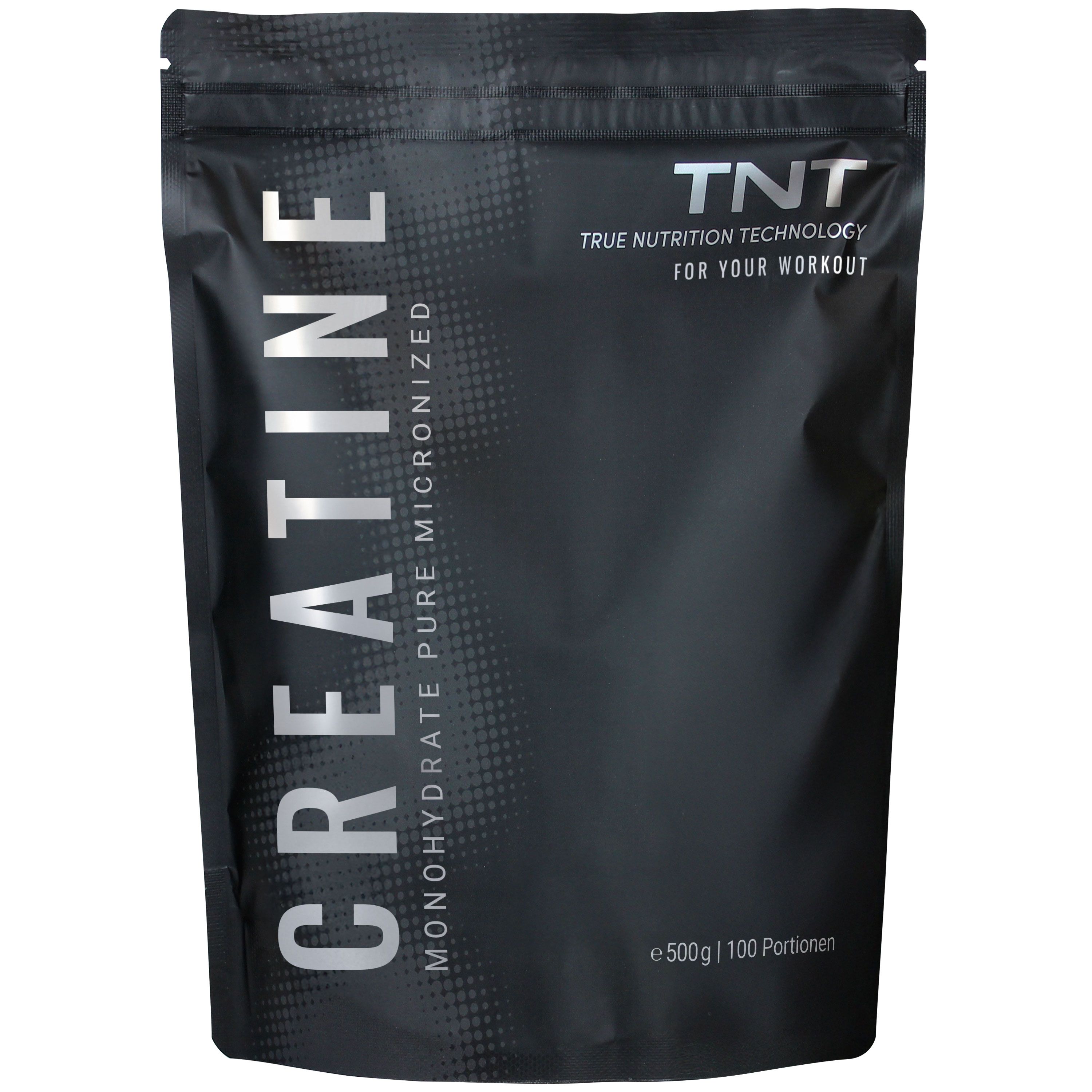 Schwarze Verpackung mit "CREATINE" und "TNT" Logo. Enthält 500g, 100 Portionen. Monohydrat, mikronisiert.