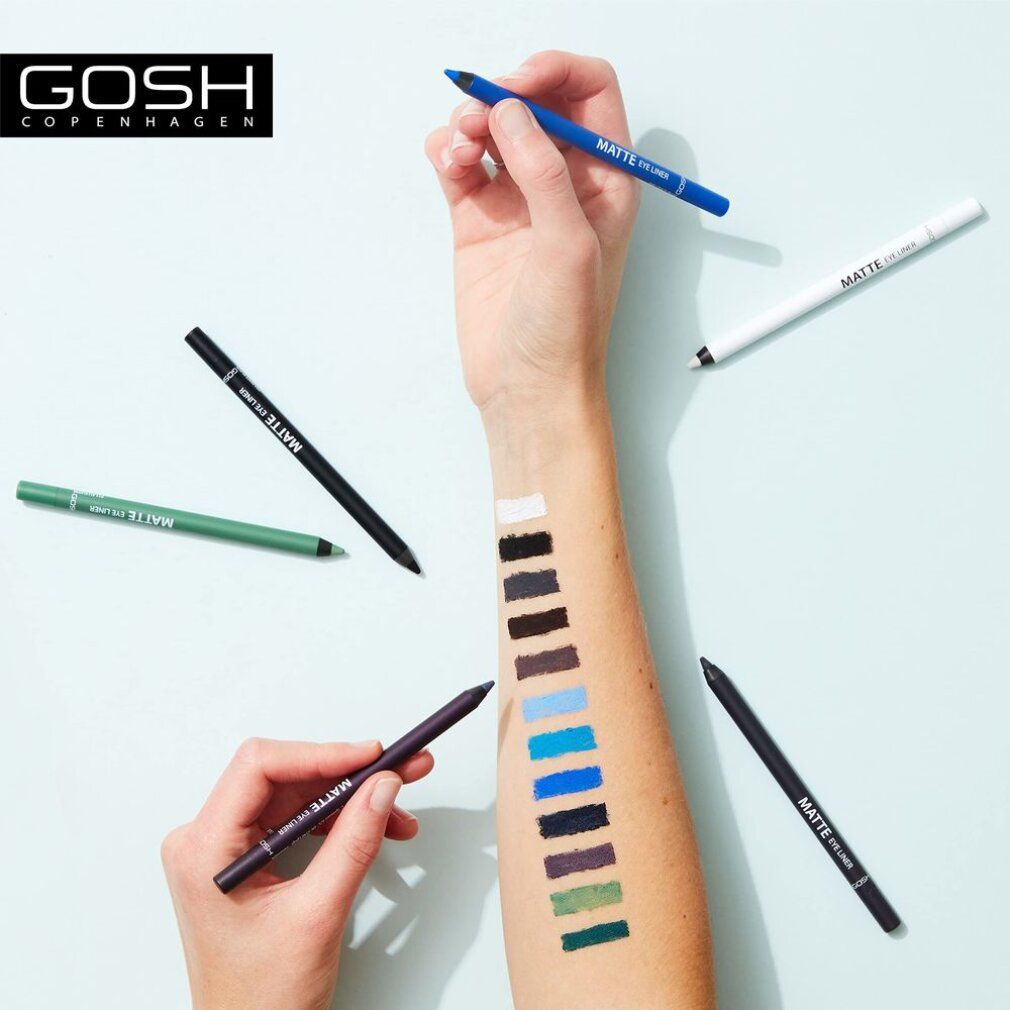 Mehrere Gosh Matte Eyeliners in verschiedenen Farben. Arm mit Farbmustern. Gosh Logo.