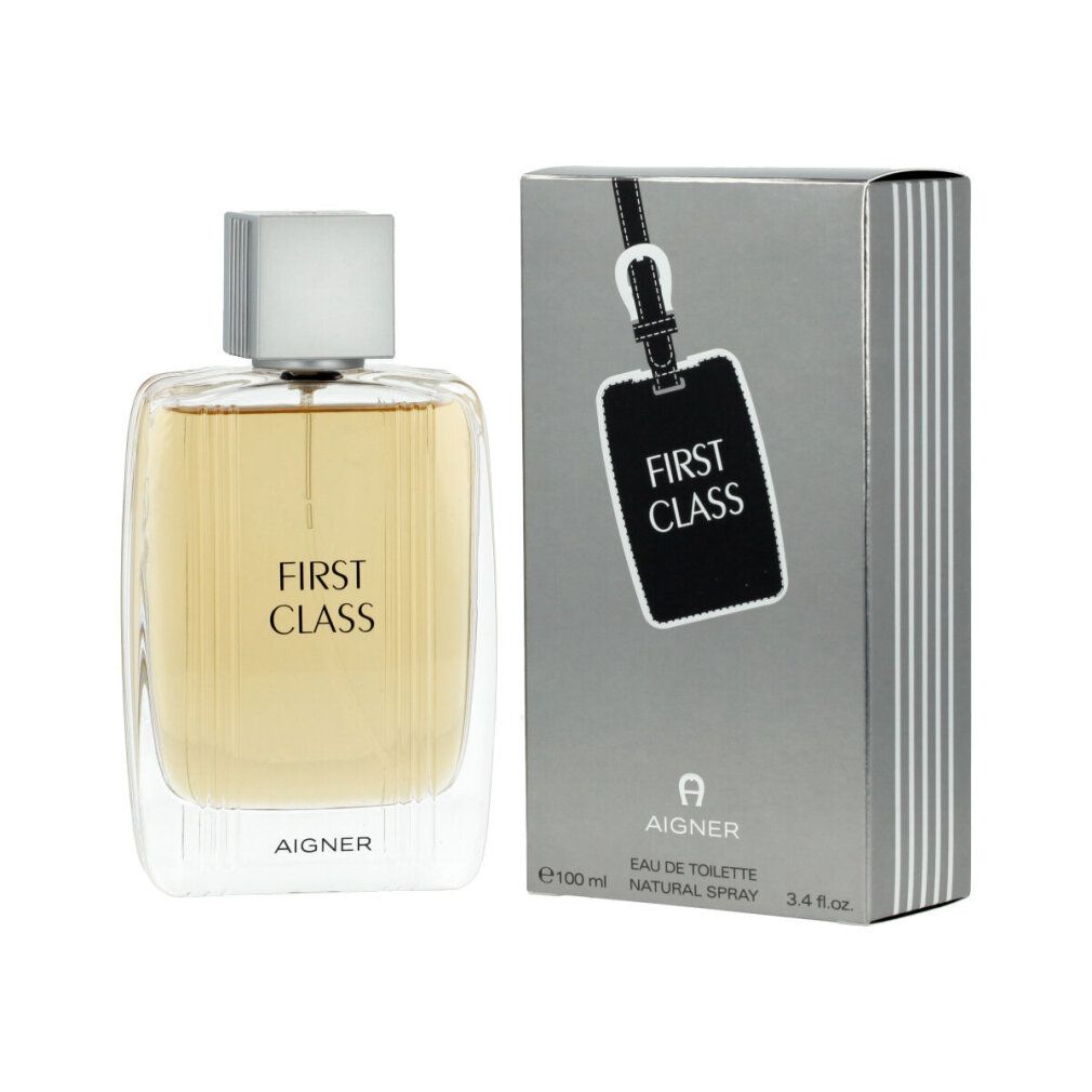 Parfümflakon und Verpackung. Aufschrift "FIRST CLASS" und "AIGNER".