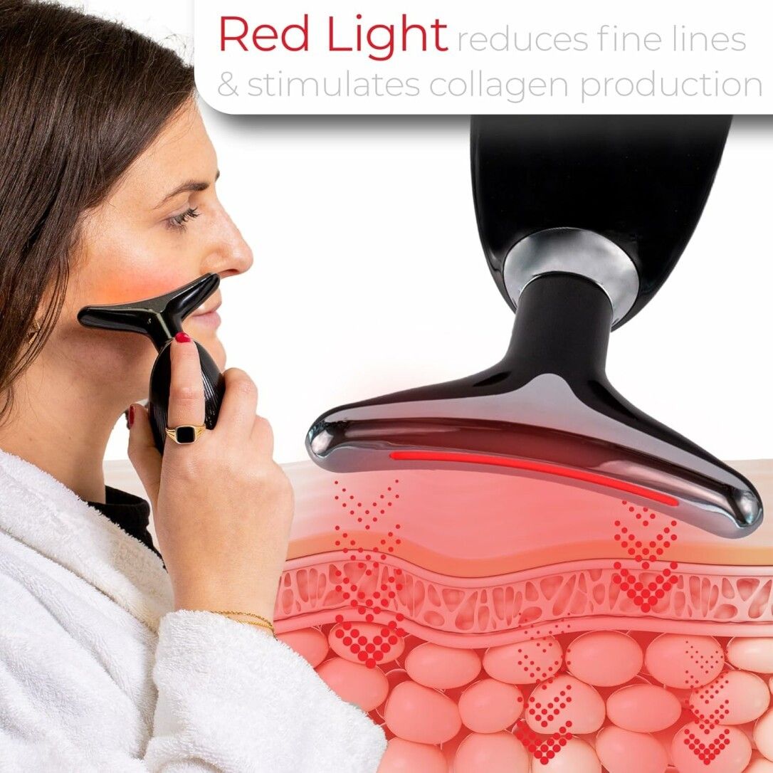 Frau verwendet STYLPRO-Gerät. Schwarzes Gerät mit silberfarbenem Kopf. Rotes Licht. Hautschichten mit roten Punkten.