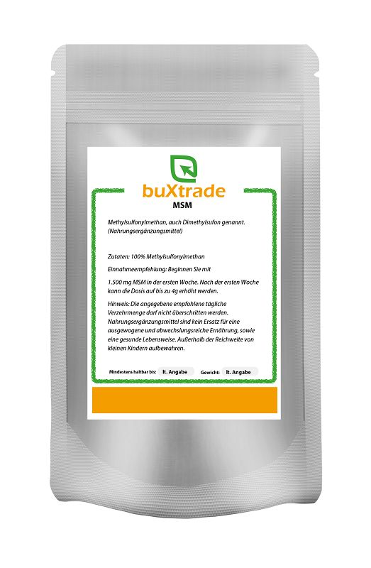 Beutel mit weißem Hintergrund. Aufdruck mit grünem Rahmen und Text: buXtrade MSM, Methylsulfonylmethan. Enthält Informationen zur Dosierung.