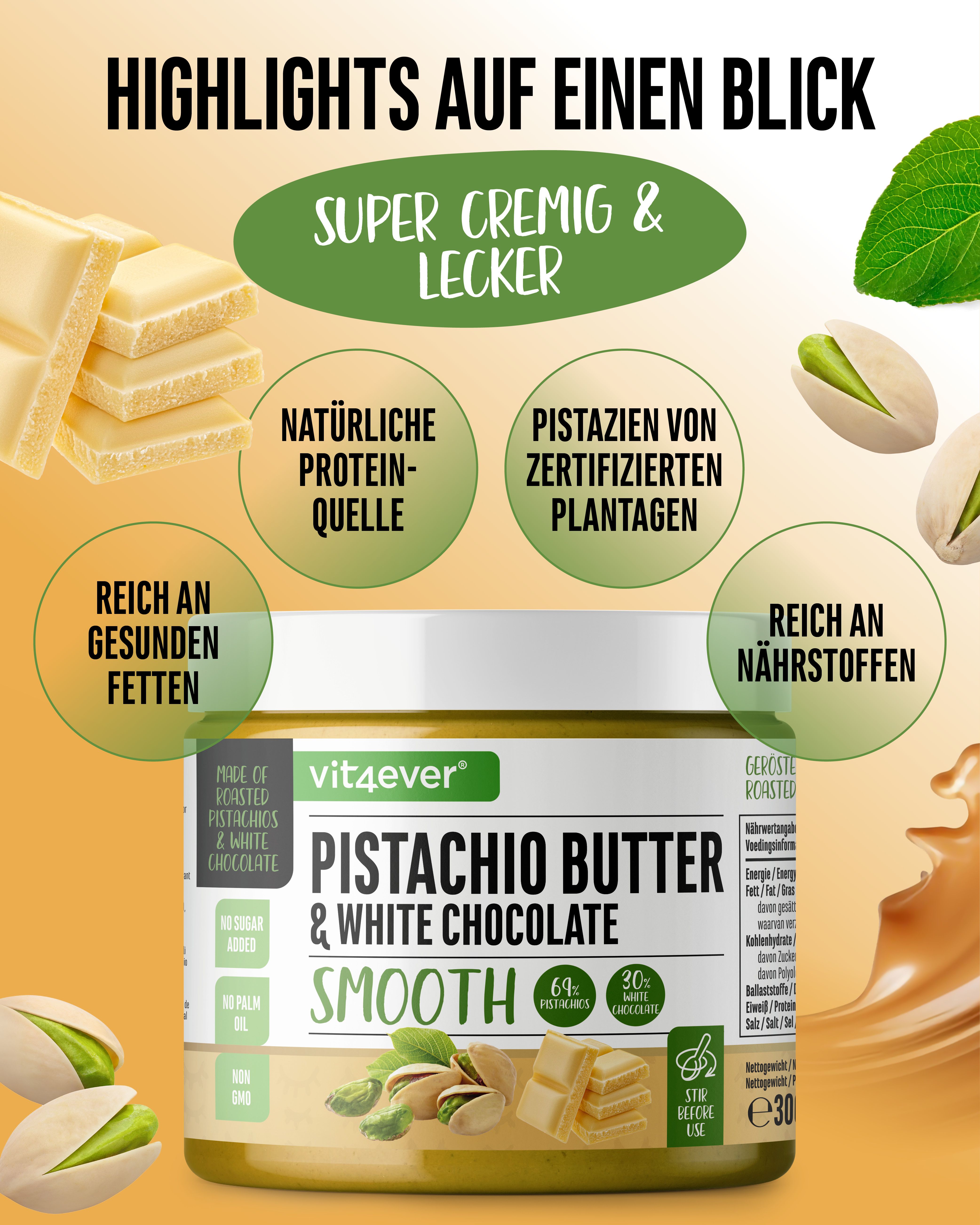 Glas Pistazien-Creme mit weißer Schokolade. Aufschrift: Pistachio Butter & White Chocolate. Pistazien, Schokoladenstücke, grüne Blätter.
