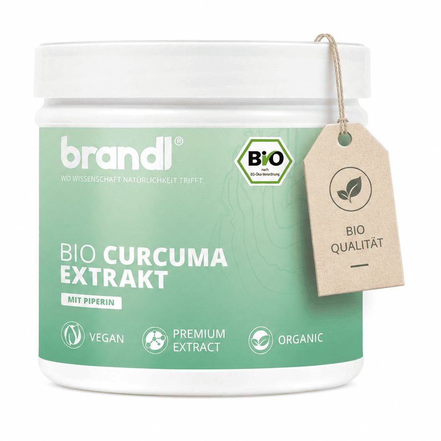 Weißes Produktglas mit grünem Etikett. Aufschrift: brandl® Bio Curcuma Extrakt. Anhänger: Bio Qualität.