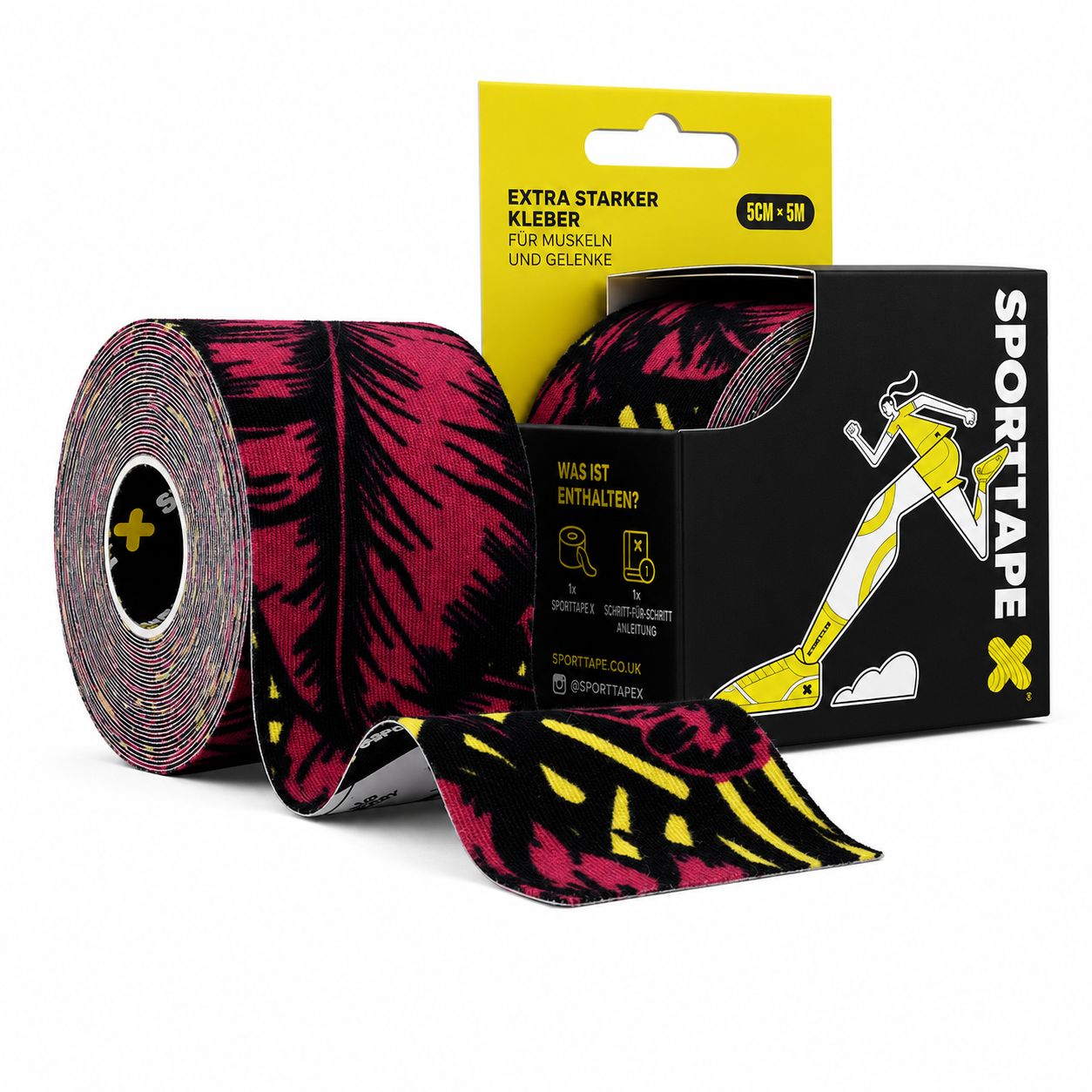 Rolle Kinesiologie Tape mit Blattmuster und Verpackung.
