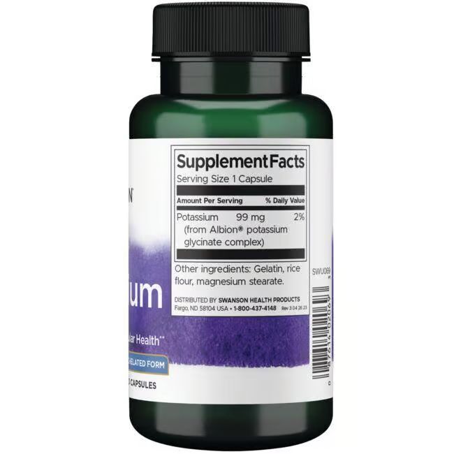 Rückseite der grünen Flasche. Enthält Nährwertangaben. Potassium 99 mg. Weitere Inhaltsstoffe: Gelatine, Reismehl, Magnesiumstearat.