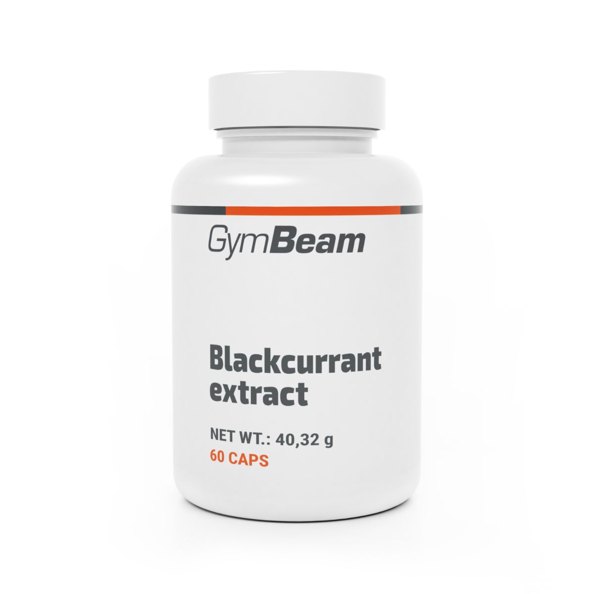 GymBeam Schwarze Johannisbeere Extrakt Kapseln: Weiße Dose mit schwarzem Etikett, 60 Kapseln.