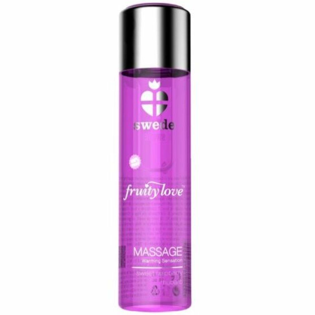 Flasche Massageöl. Lila Flüssigkeit, silberner Deckel. Schriftzug: Swede, fruity love, Massage.