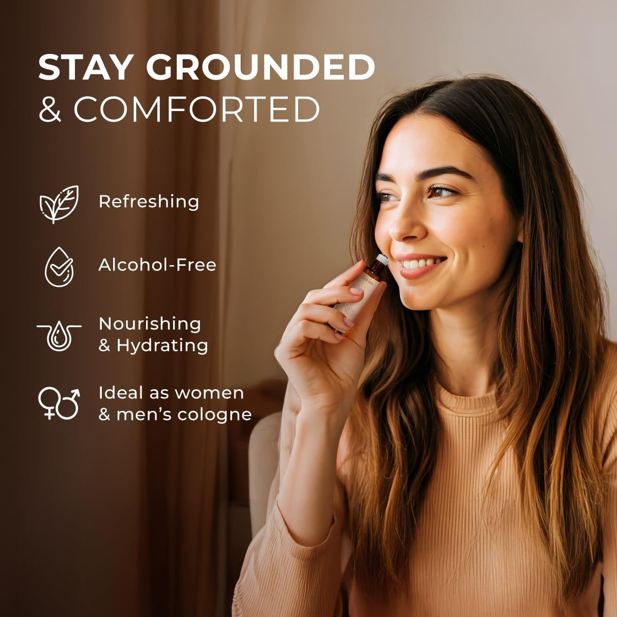 Frau hält Roll-on. Text: Erfrischend, alkoholfrei, nährend & feuchtigkeitsspendend, ideal als Damen- & Herren-Cologne.