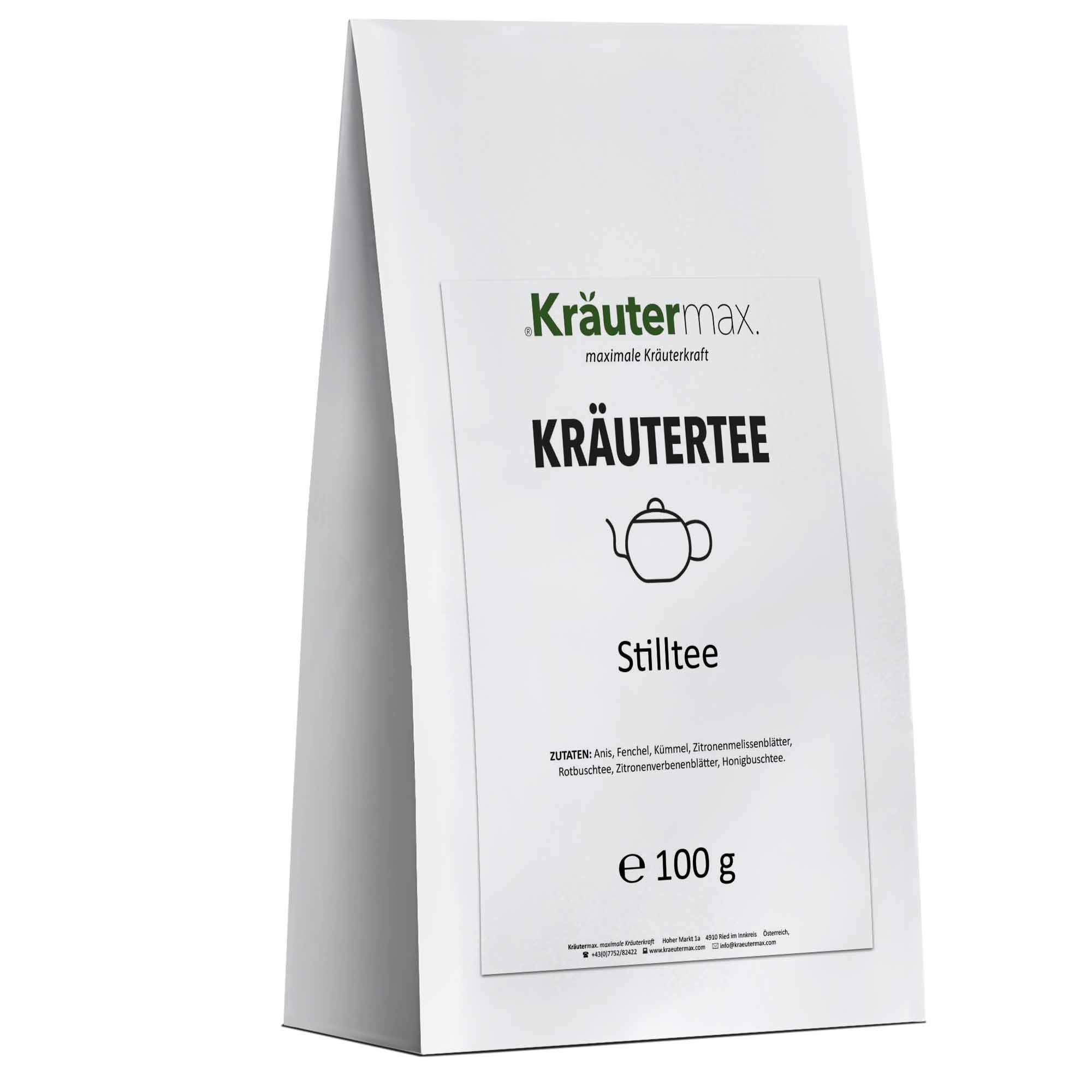 Weiße Verpackung mit Kräutertee. Text: Kräutermax, Kräutertee, Stilltee, Zutaten, e 100 g.