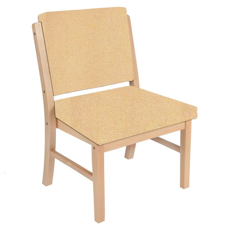 Stuhl mit Holzrahmen und beigem Stoffbezug. Rückenlehne und Sitzfläche gepolstert.