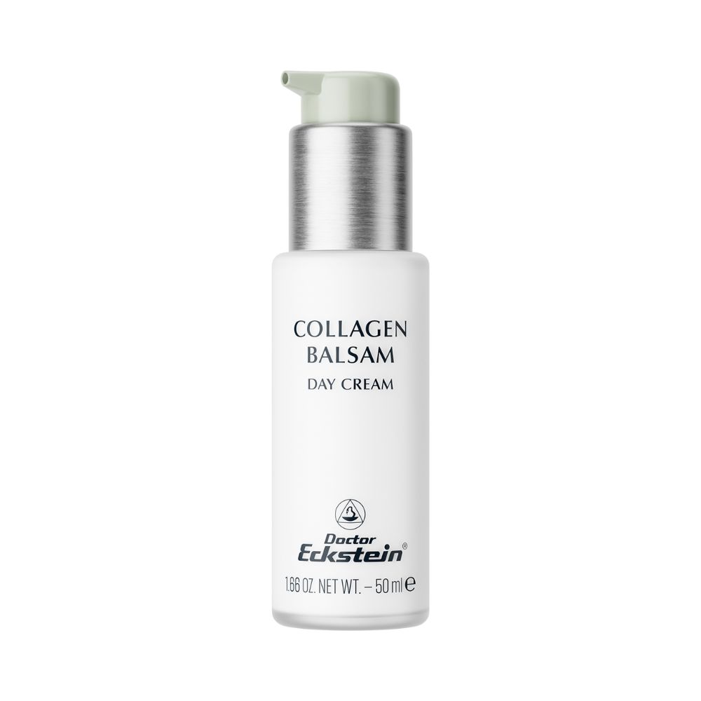 Weiße Flasche mit silbernem Pumpkopf. Aufschrift: COLLAGEN BALSAM, DAY CREAM. Marke: Doctor Eckstein. 50 ml.