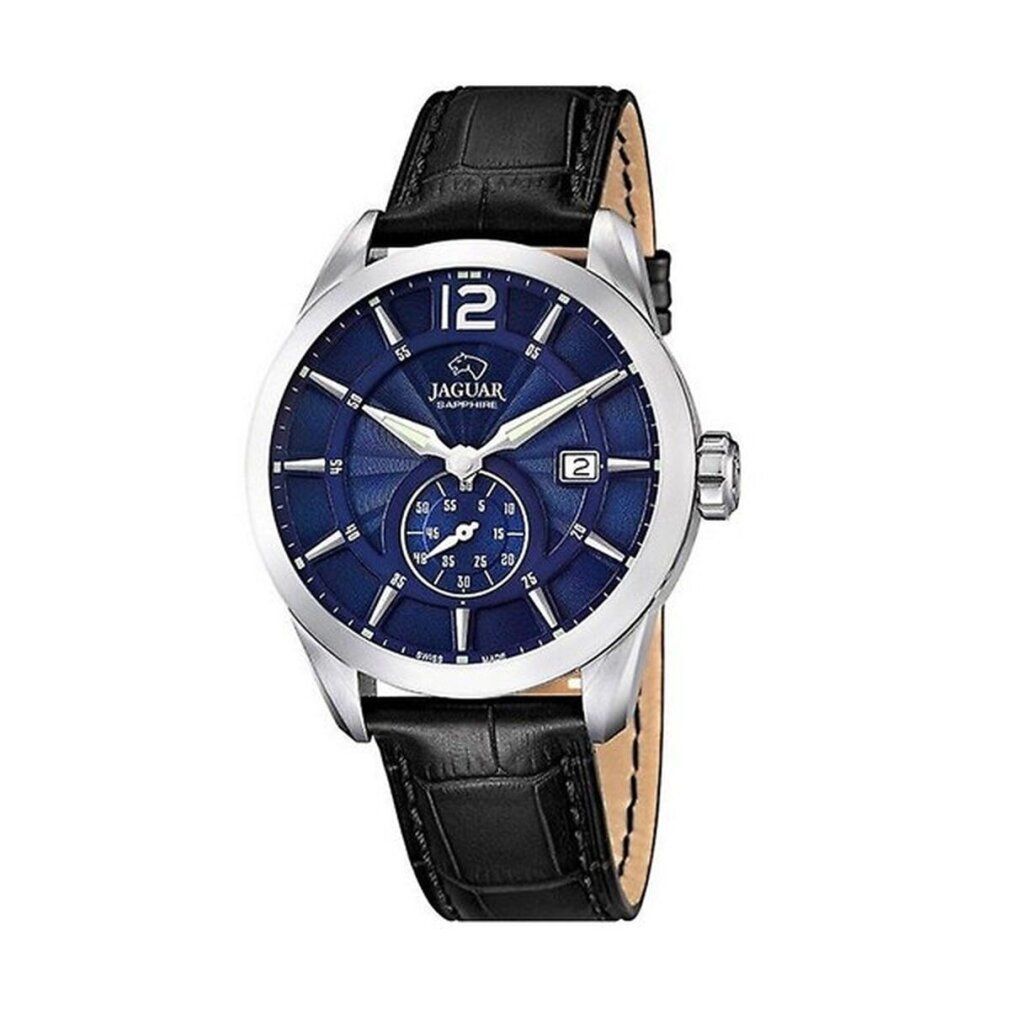 Uhr mit blauem Zifferblatt, silbernem Gehäuse und schwarzem Lederarmband. Marke: Jaguar. Modell J663/2. Datumsanzeige.