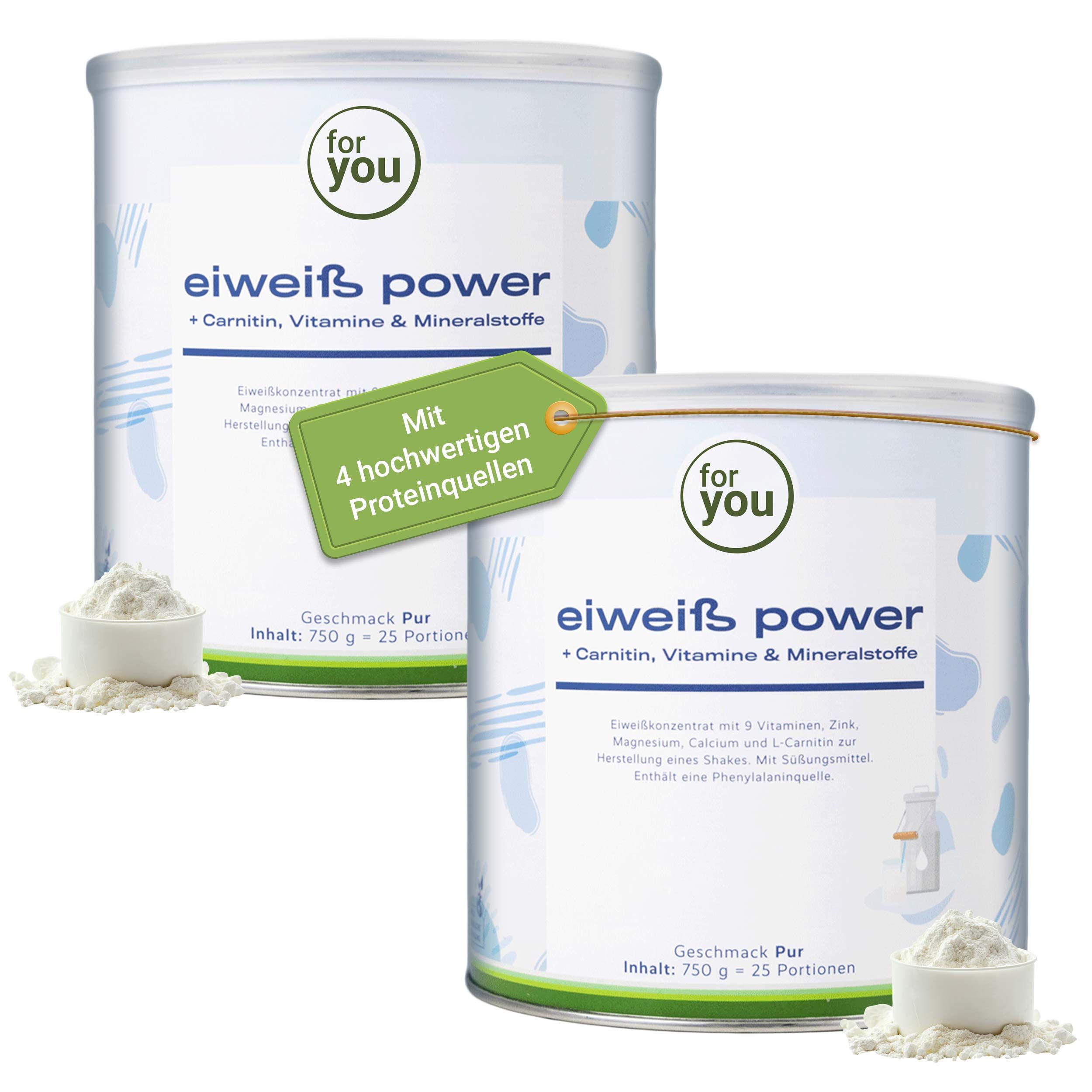 Zwei Dosen mit Pulver. Text: Eiweiß Power + Carnitin, Vitamine & Mineralstoffe. Mit 4 hochwertigen Proteinquellen. Inhalt: 750 g - 25 Portionen.