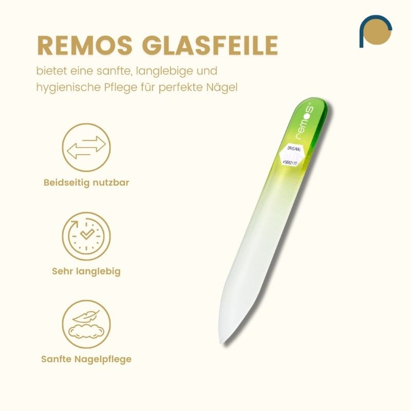 Glasnagelfeile, 8 cm, grün-weiß. Text: REMOS GLASFEILE, beidseitig nutzbar, sehr langlebig, sanfte Nagelpflege.