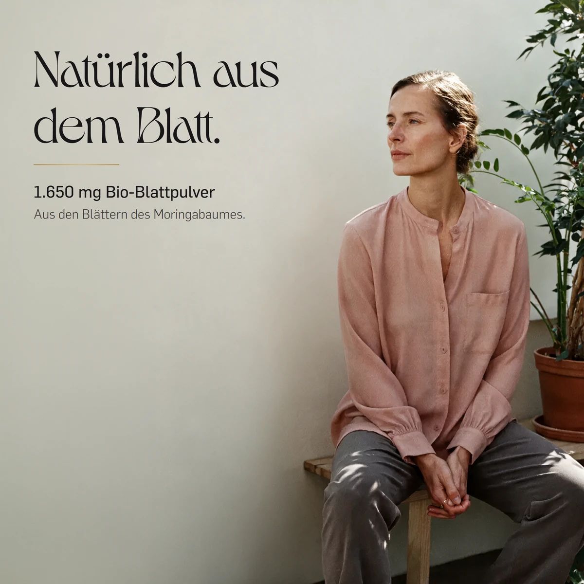 Frau sitzt auf einer Holzbank vor einer Wand, mit einem grünen Blatt-Symbol und Text über Bio Moringa.