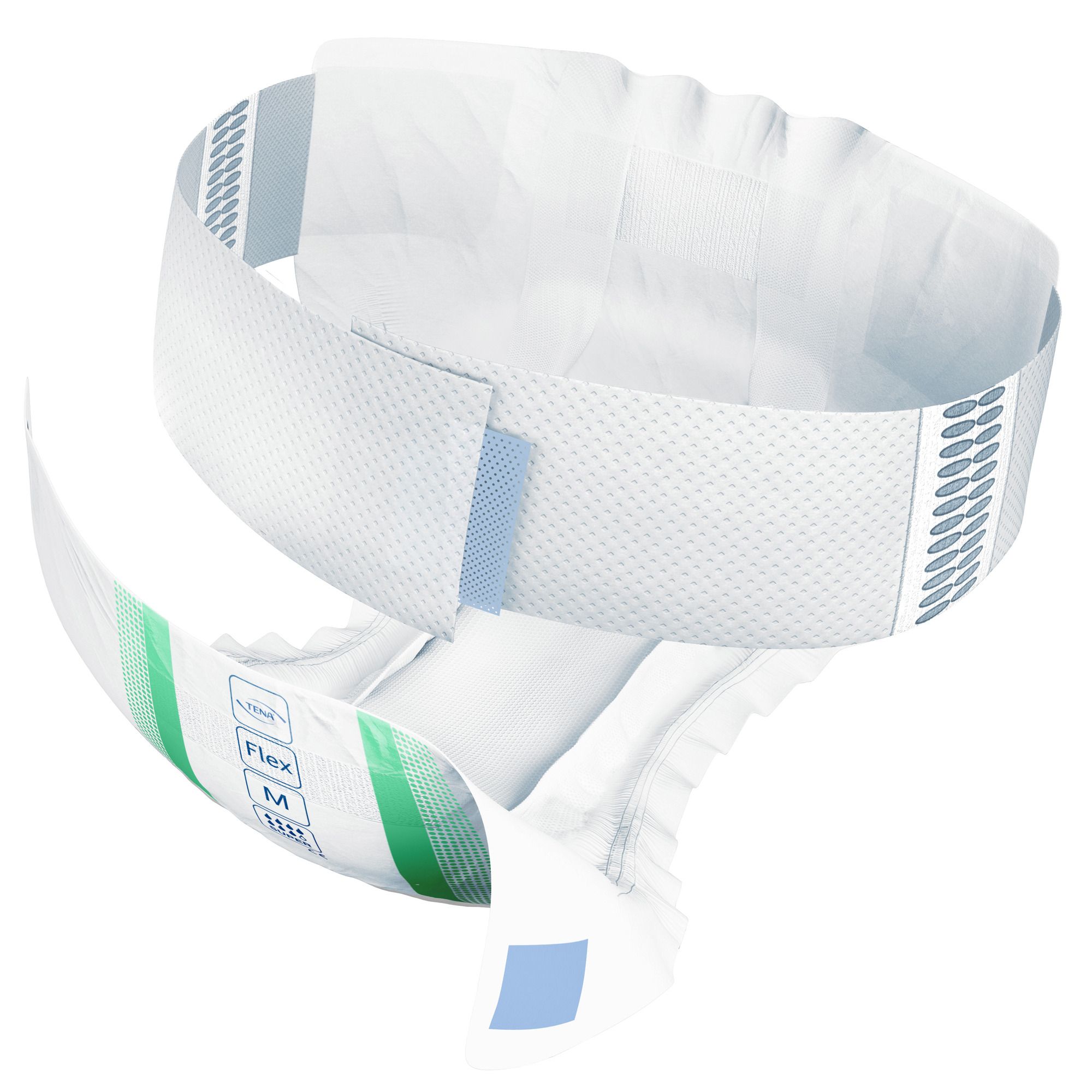TENA Flex Super M Inkontinenz-Pants, geöffnet, mit Klebeverschlüssen und elastischem Hüftbund.
