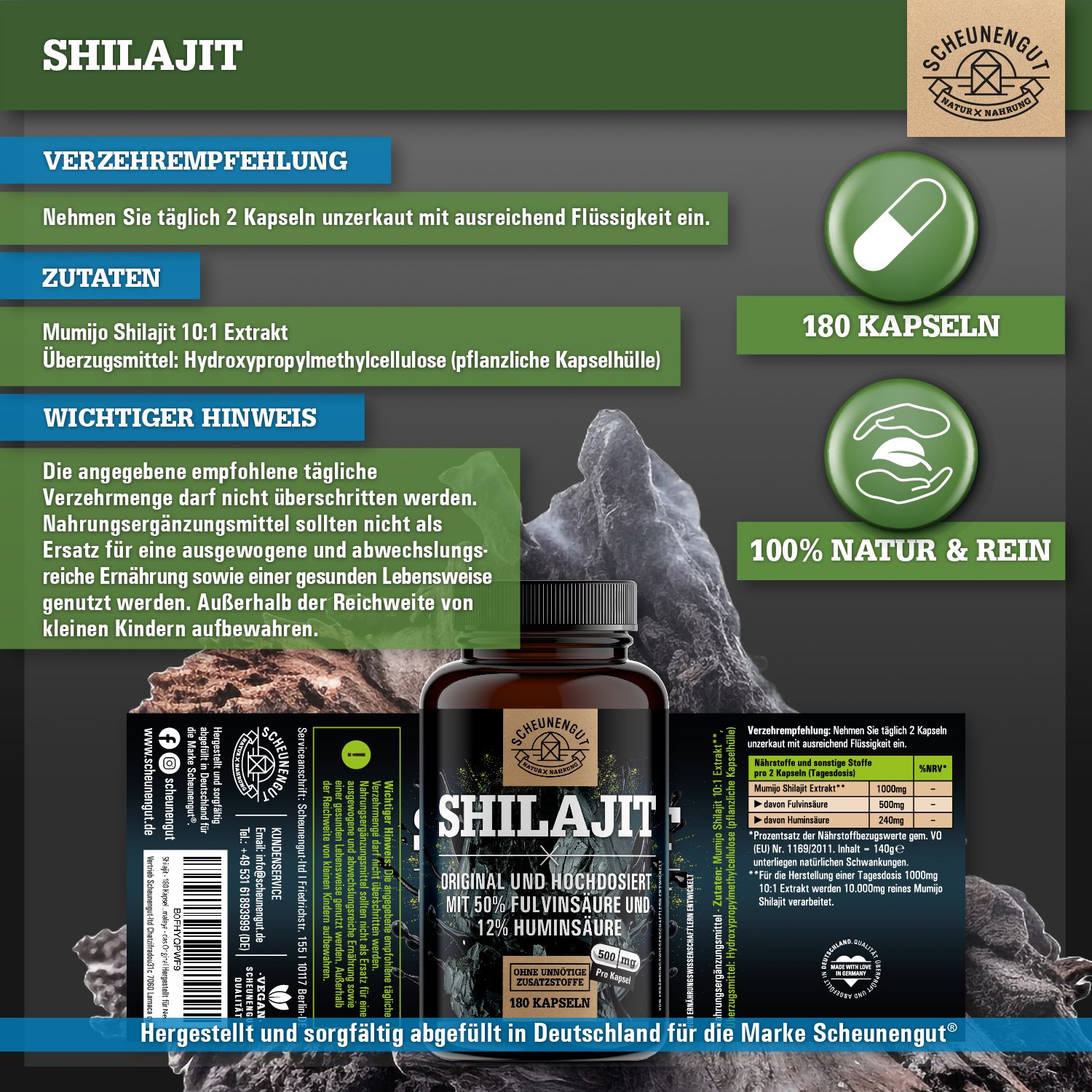 Flasche und Verpackung von Shilajit-Kapseln. Text über Verzehrempfehlung und Inhaltsstoffe. "100% Natur & Rein".