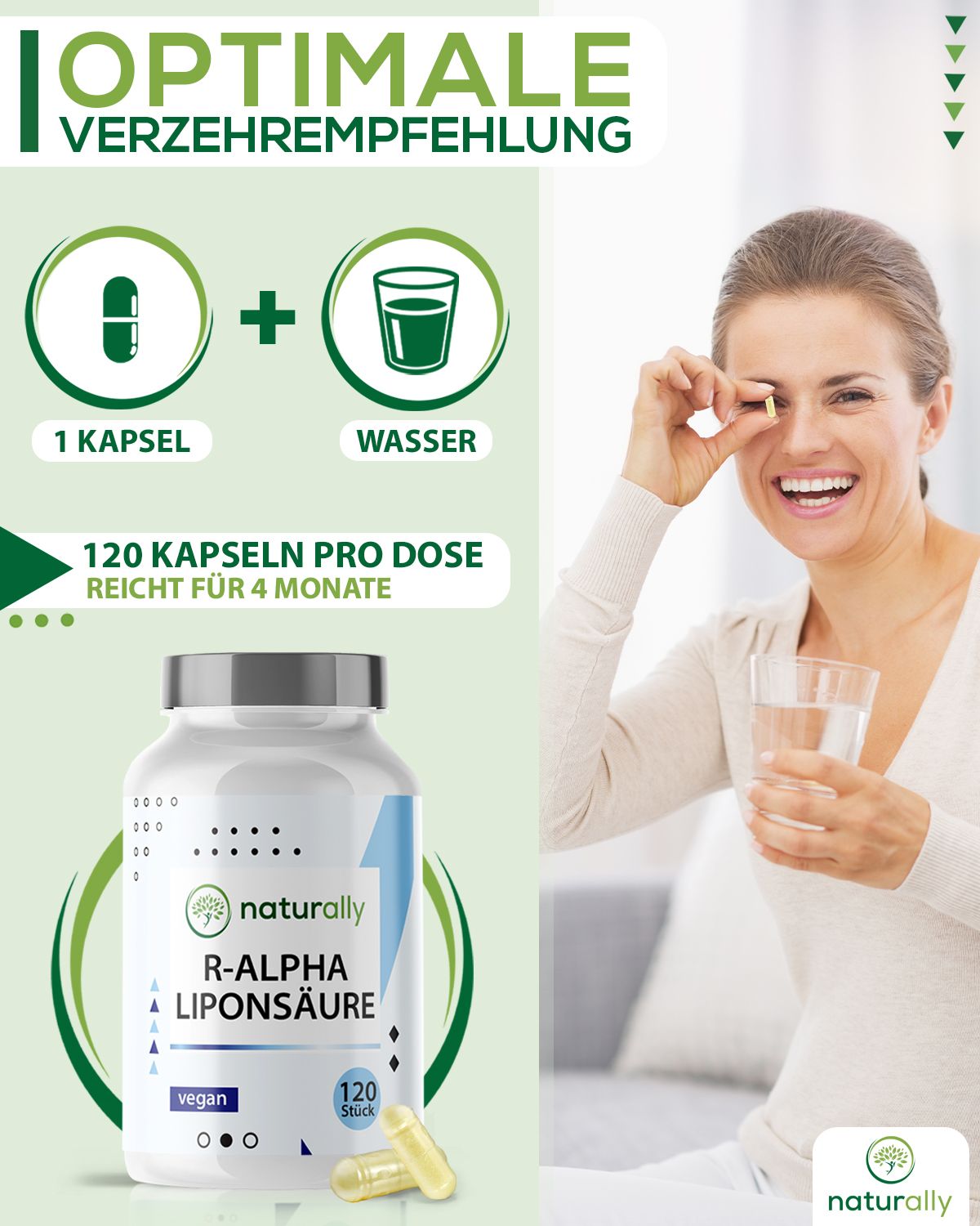Frau hält Kapsel und Glas Wasser. Flasche "naturally R-Alpha Liponsäure". Text: 1 Kapsel + Wasser. 120 Kapseln pro Dose.
