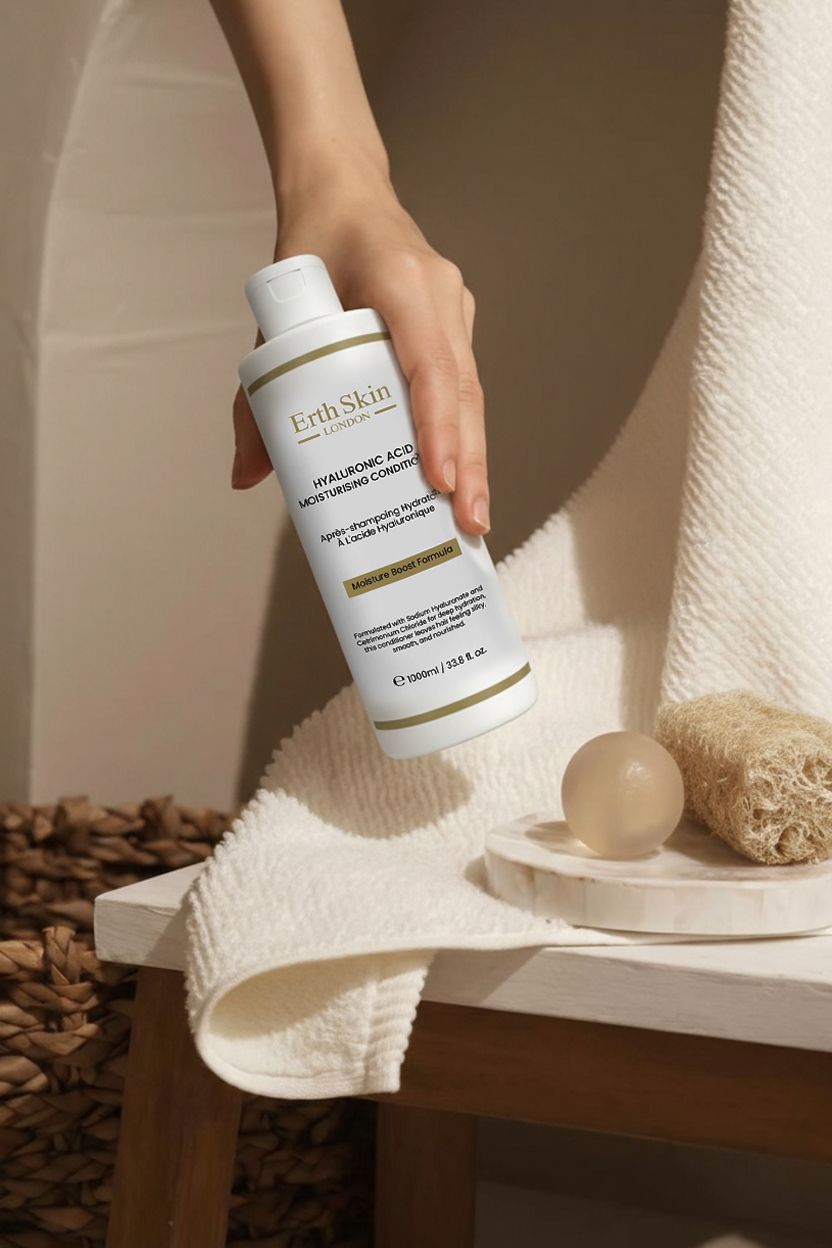 Hand hält eine weiße Flasche ErthSkin London Hyaluronsäure Feuchtigkeits-Conditioner.