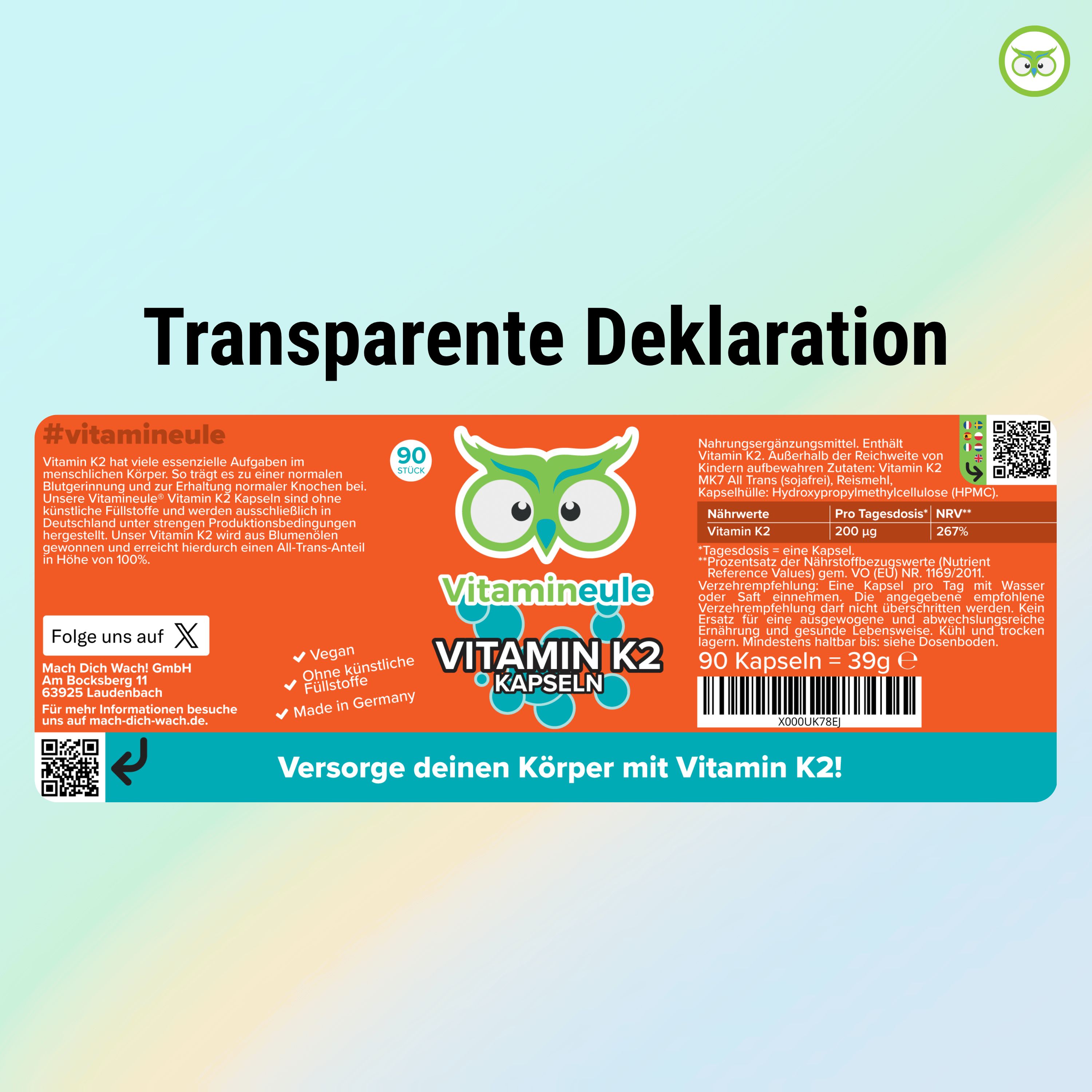 Etikett mit Produktinformationen. Marke: Vitamineule. Vitamin K2 Kapseln. 90 Kapseln. Nährwertangaben. QR-Code.