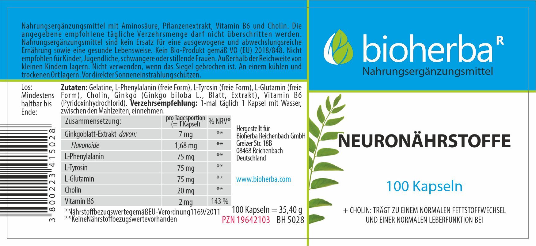 Etikett mit "bioherba" und "NEURONÄHRSTOFFE". Enthält 100 Kapseln. Inhaltsstoffe und Nährwertangaben. Blaue und grüne Elemente.