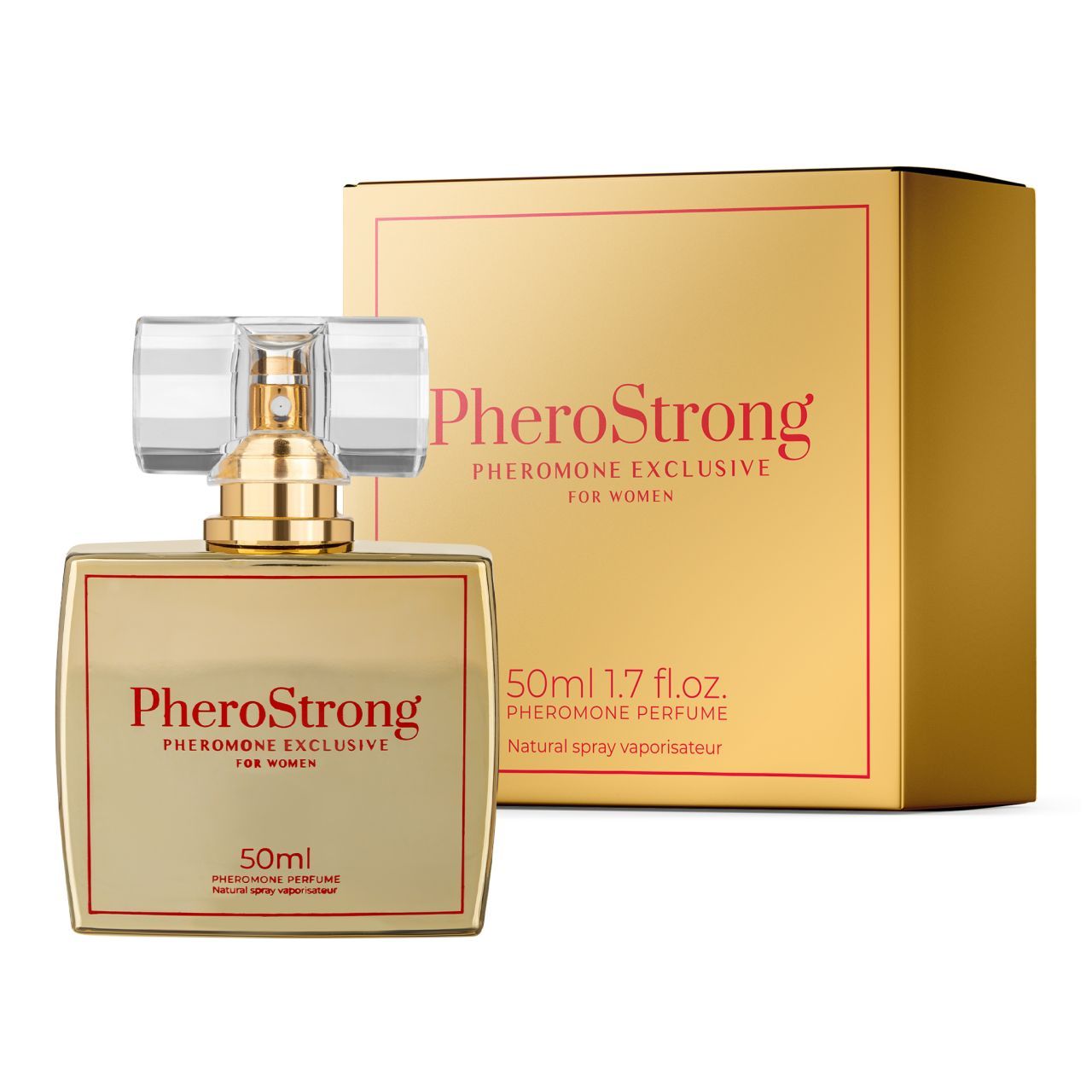 PheroStrong Pheromon Parfüm für Damen, 50ml. Goldene Sprühflasche neben der goldenen Verpackung.