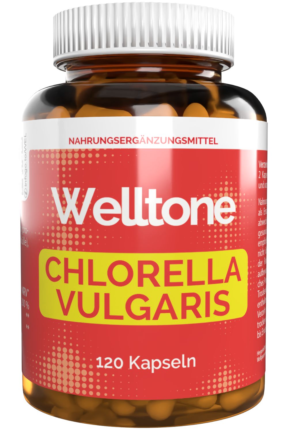 Braune Kapseln in einer transparenten Flasche mit weißem Deckel. Rotes Etikett mit "Welltone Chlorella Vulgaris" und "120 Kapseln".