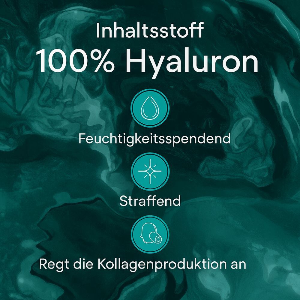 Grafik mit Text: Inhaltsstoff 100% Hyaluron. Icons: feuchtigkeitsspendend, straffend, regt die Kollagenproduktion an.