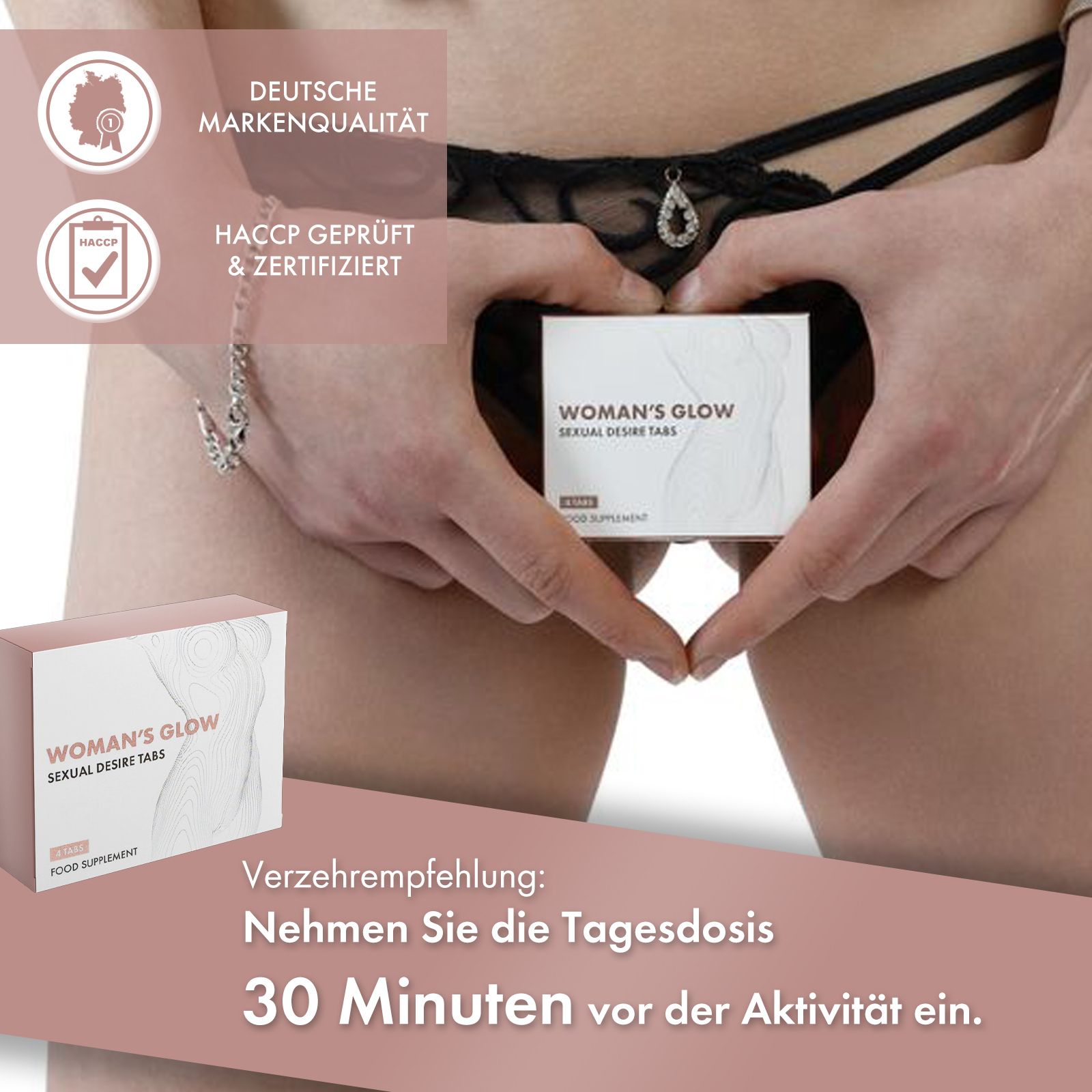 Hände formen Herz um WOMAN'S GLOW-Verpackung. Text: 4 Tabs, Food Supplement.