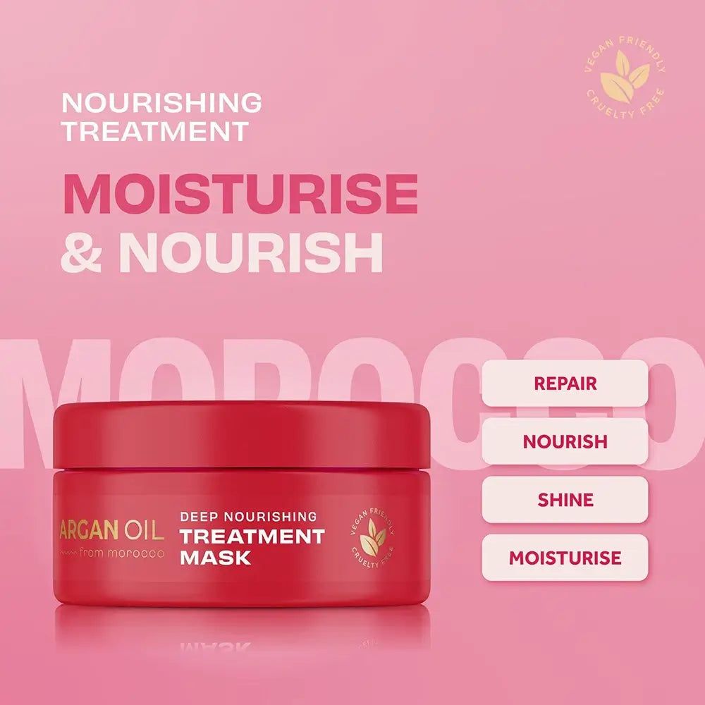 Rote Dose mit Arganöl Tief Nährender Behandlungsmaske. Optionen: Repair, Nourish, Shine, Moisturise.