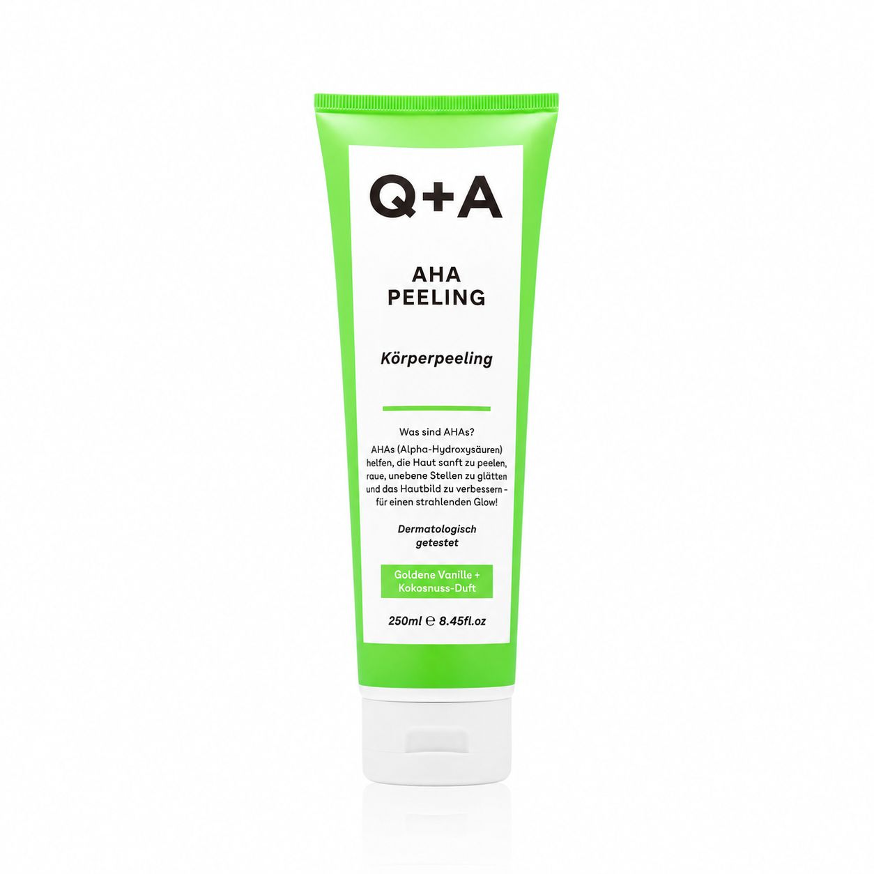 Q+A AHA Körperpeeling in grüner Tube. Enthält Glykolsäure, goldene Vanille und Kokosnussduft.