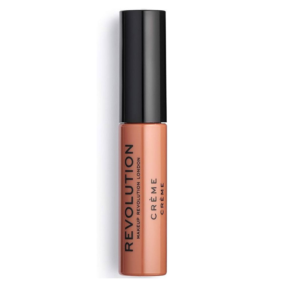 Geschlossene Lippenstift-Tube. Auf der Tube steht "REVOLUTION MAKEUP REVOLUTION LONDON CRÈME".
