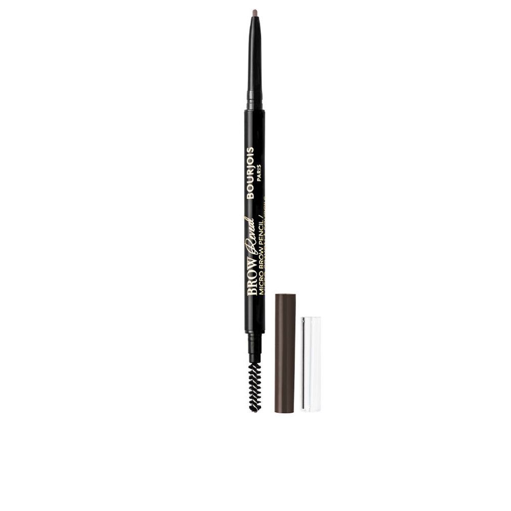 Augenbrauenstift mit Bürste und Kappe. Schwarzer Stift mit Aufschrift "Bourjois Brow Reveal Micro Brow Pencil".