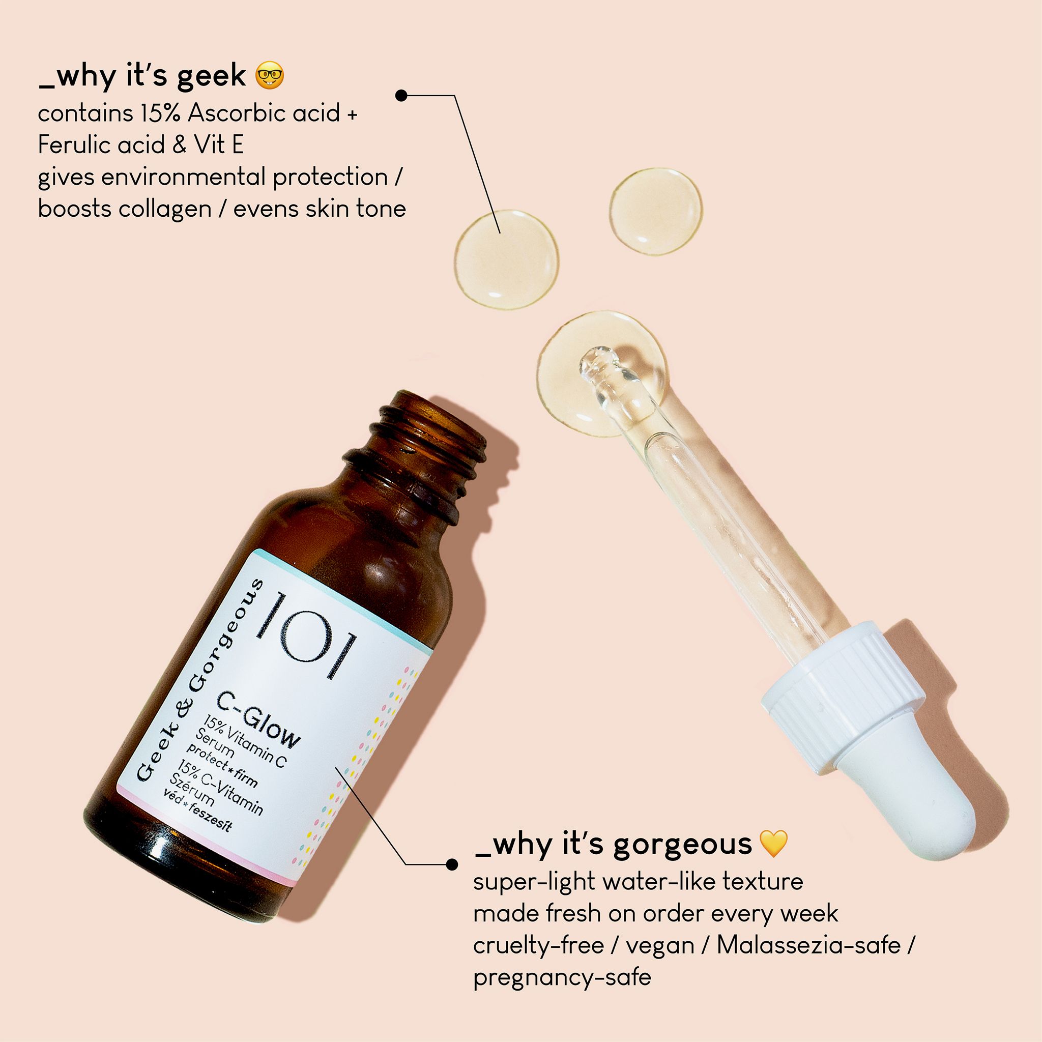 Braune Glasflasche mit Pipette und Serumtropfen. Auf dem Etikett steht "C-Glow" und "15% Vitamin C Serum".