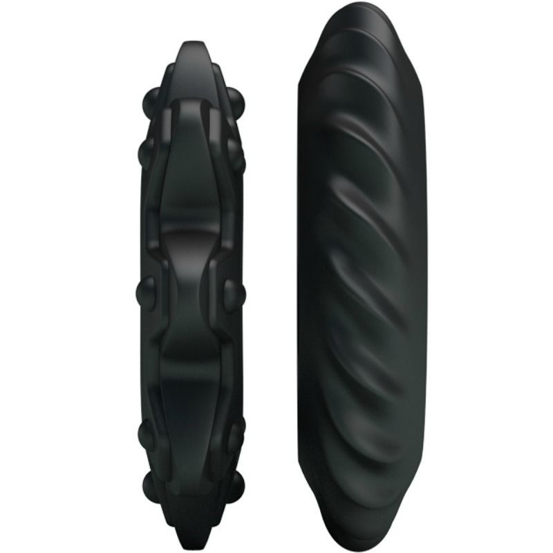 Zwei schwarze Ringe, vertikal dargestellt. Einer mit Blütenblatt-Design, der andere mit wellenförmiger Oberfläche.