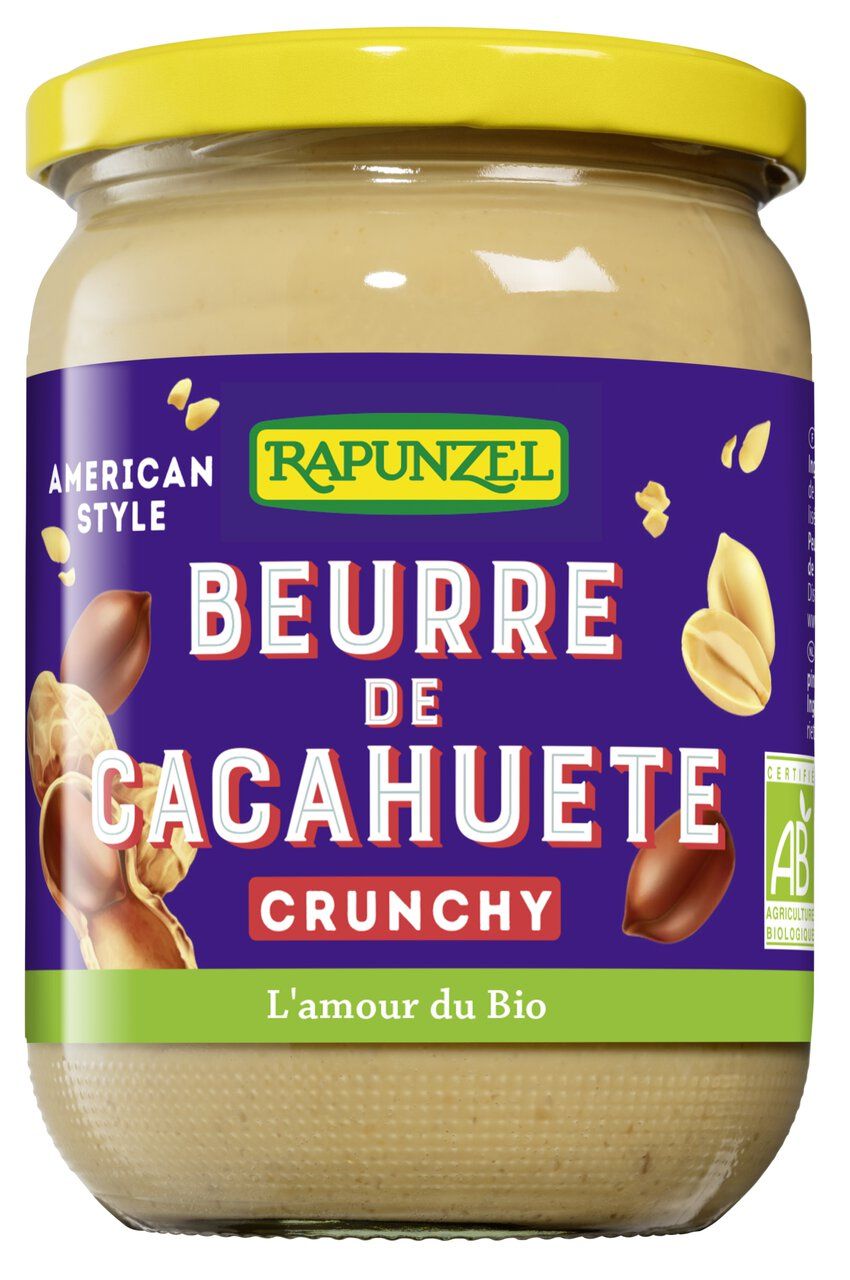 Rapunzel Beurre de cacahuète Crunchy. Glas mit gelbem Deckel, lila Etikett mit Bio-Siegel.