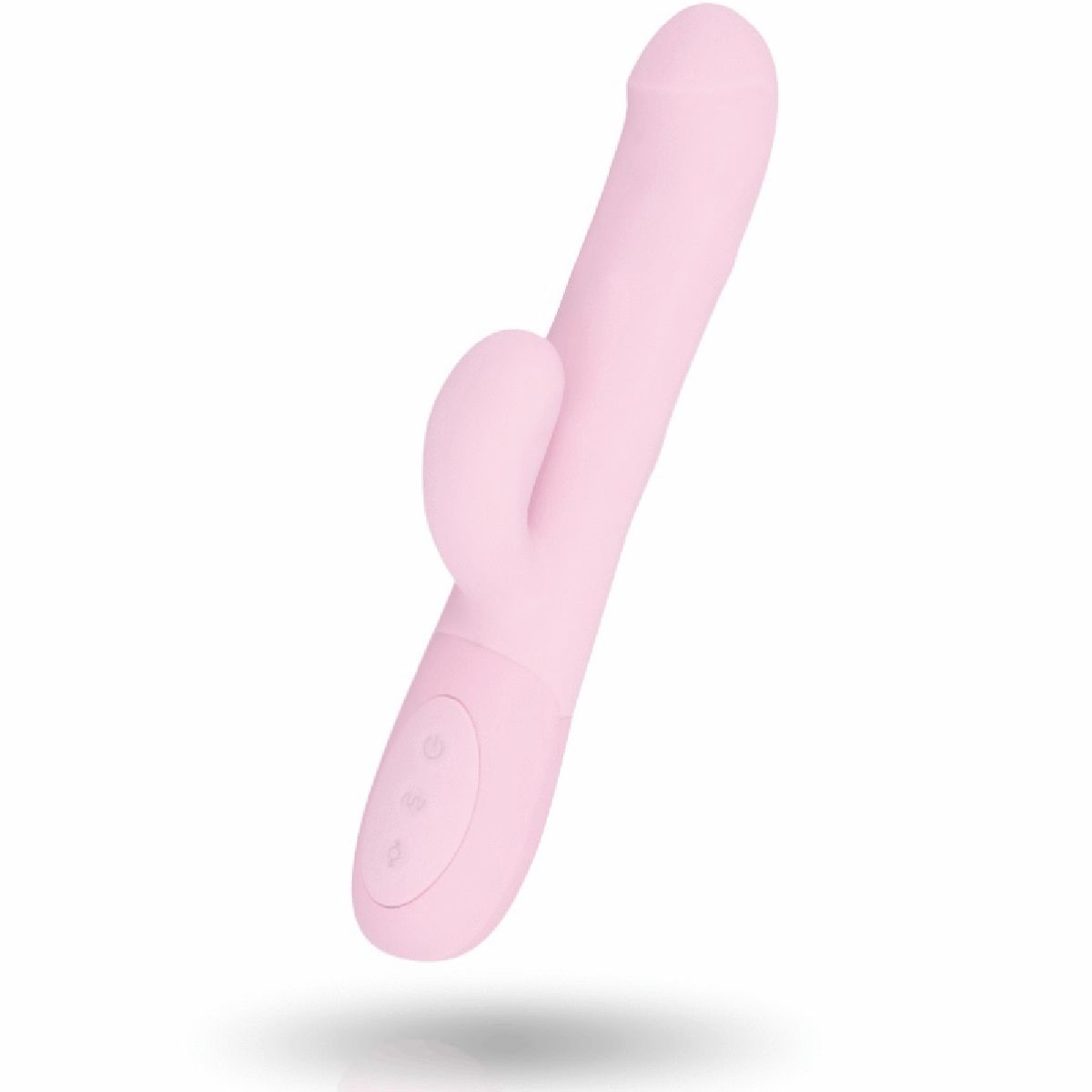 Rosa Vibrator mit gebogener Form und zwei Vorsprüngen. Drei Knöpfe am unteren Ende. 