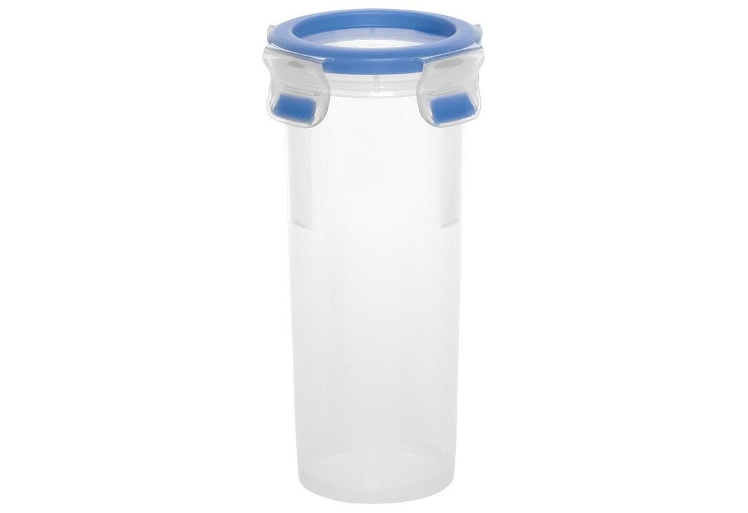 Transparente, zylindrische Frischhaltedose mit blauem Deckel und Clip-Verschlüssen. Leere Dose, ohne Inhalt.