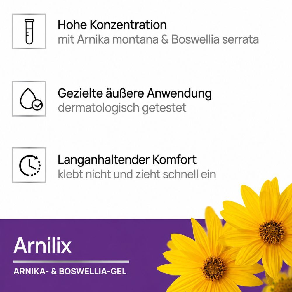 Arnilix Gel: Hohe Konzentration, topische Anwendung, dermatologisch getestet, langanhaltender Komfort.