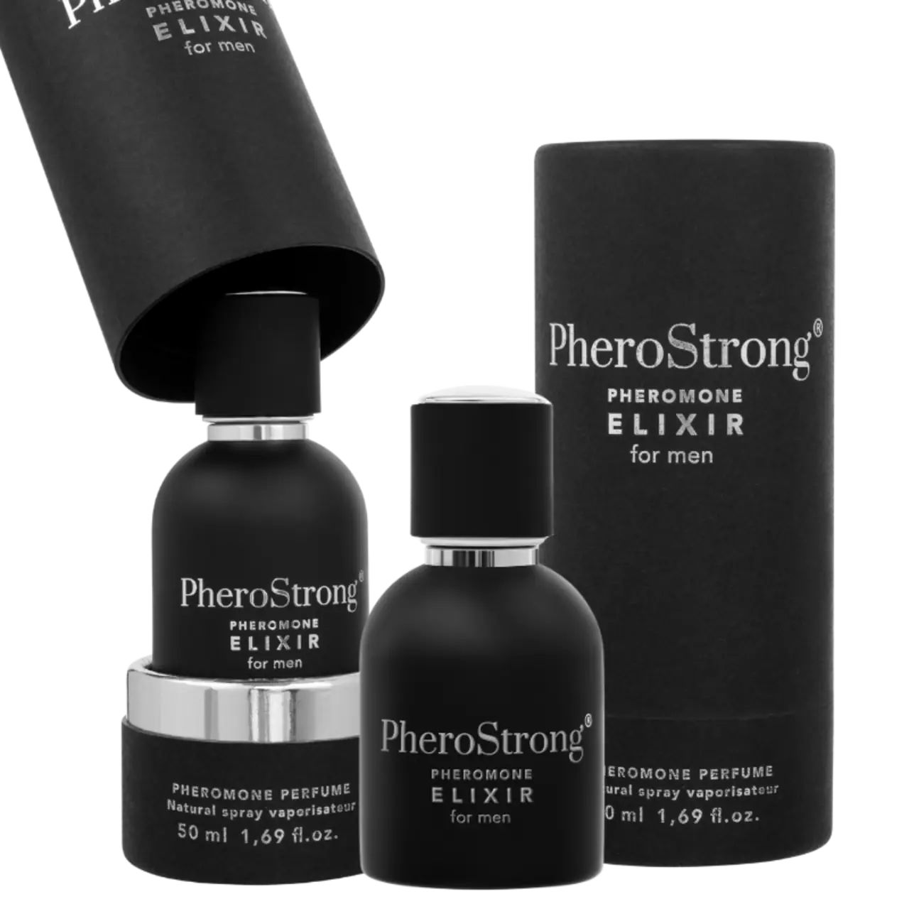 Zwei Flaschen und eine Verpackung. Aufschrift: PheroStrong Pheromone Elixir for men. 50 ml.