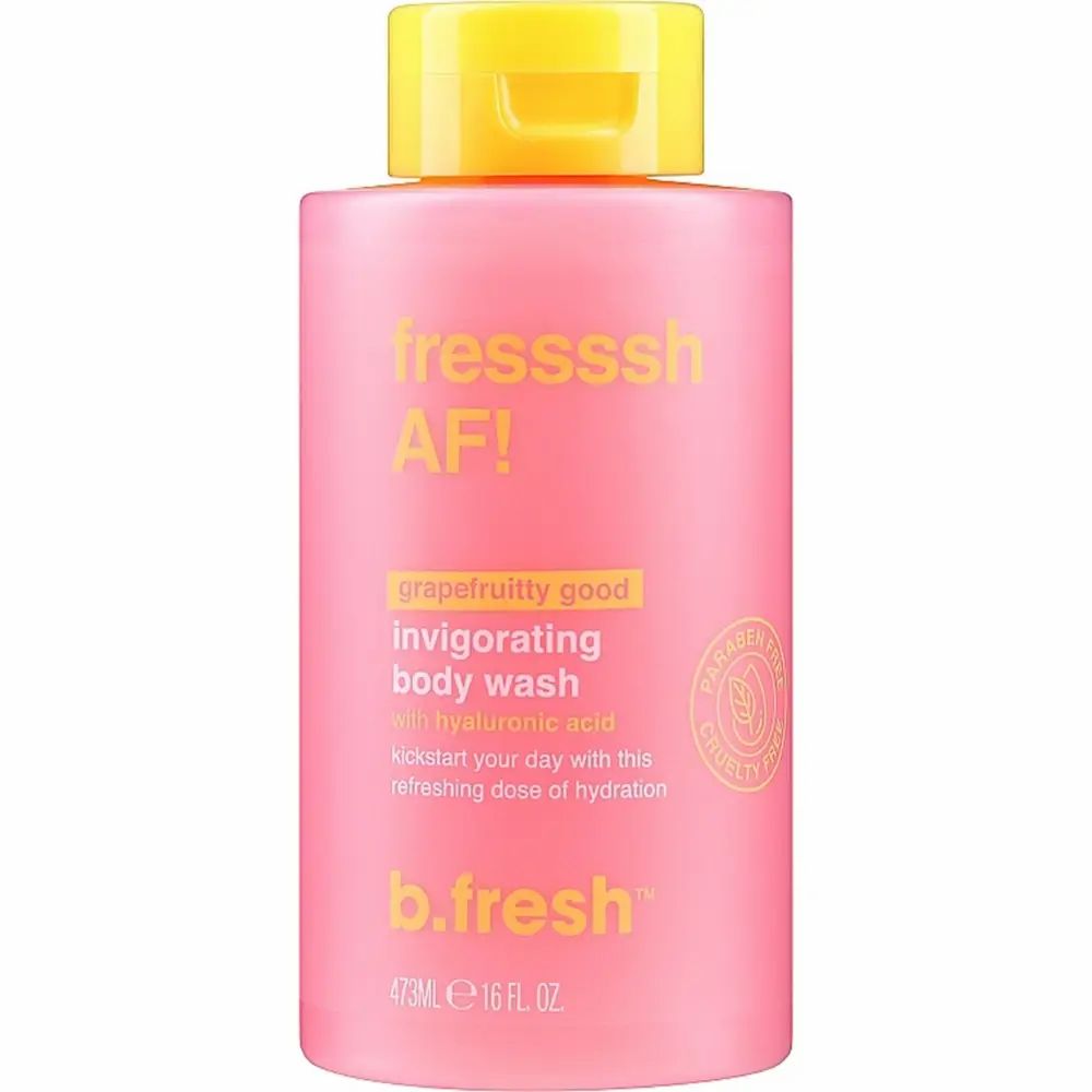 Rosa Duschgelflasche mit gelbem Deckel. Produktetikett mit Text. Marke B.fresh sichtbar.