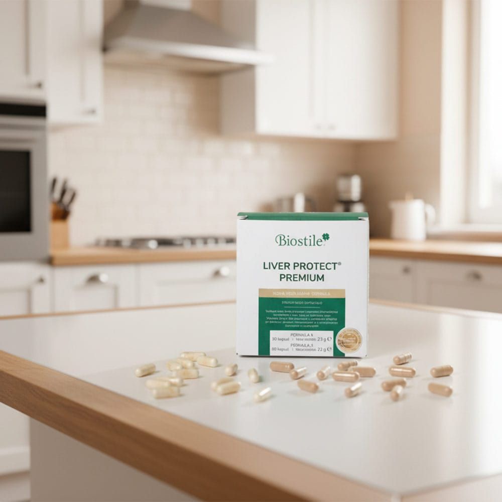 Biostile Liver Protect Premium Kapseln auf einer Küchentheke, mit verstreuten Kapseln.