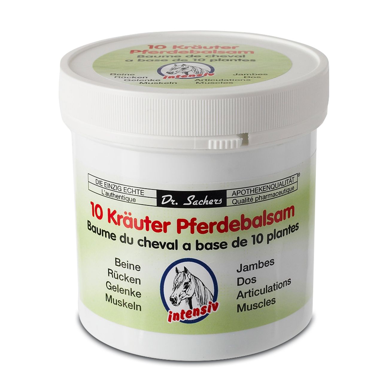 Weißer Tiegel mit grünem Deckel. Aufschrift: 10 Kräuter Pferdebalsam. Logo: Pferd. Text in Deutsch und Französisch.